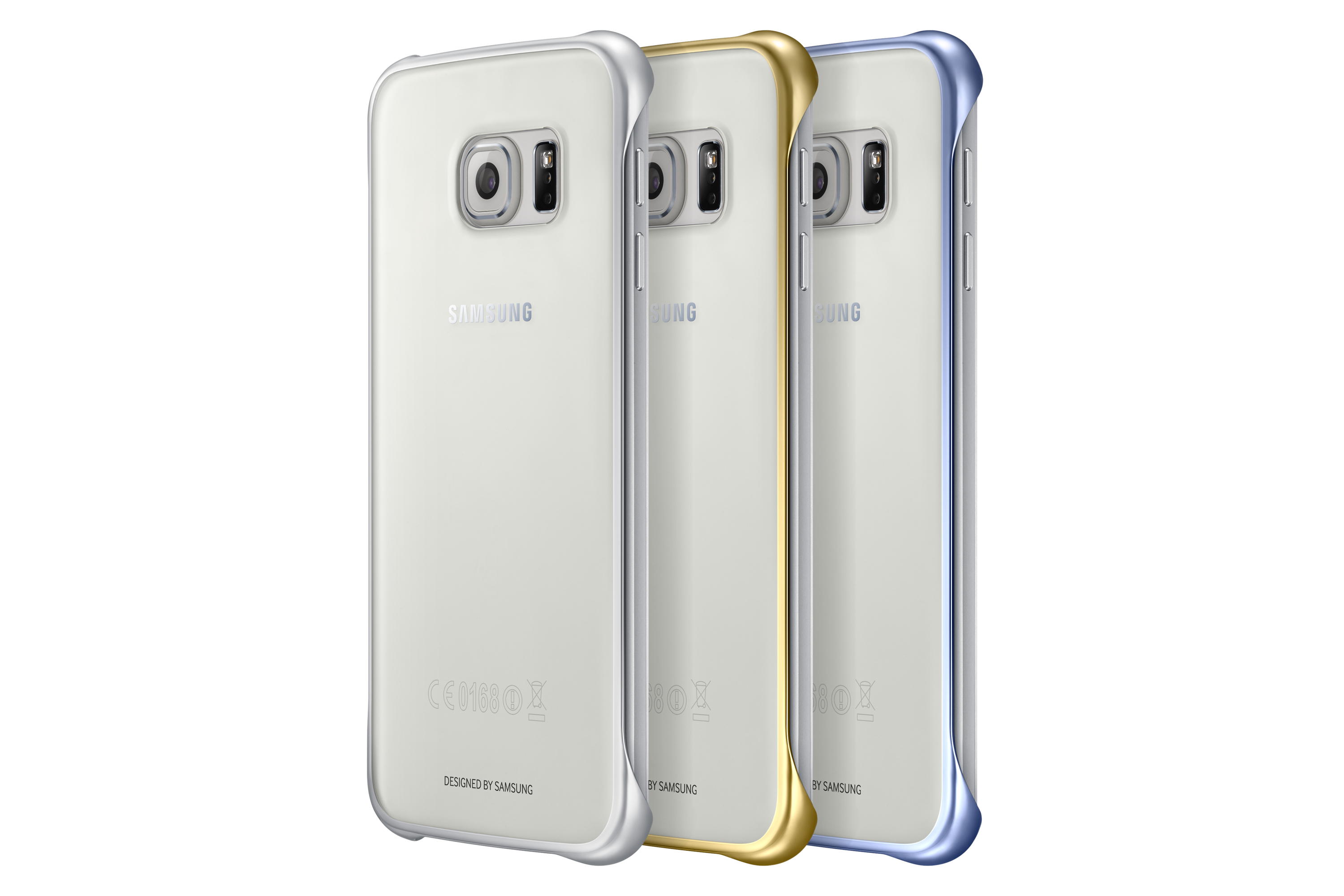 Drei Samsung-Telefone mit transparenten, goldenen und blauen Hüllen, weißer Hintergrund.