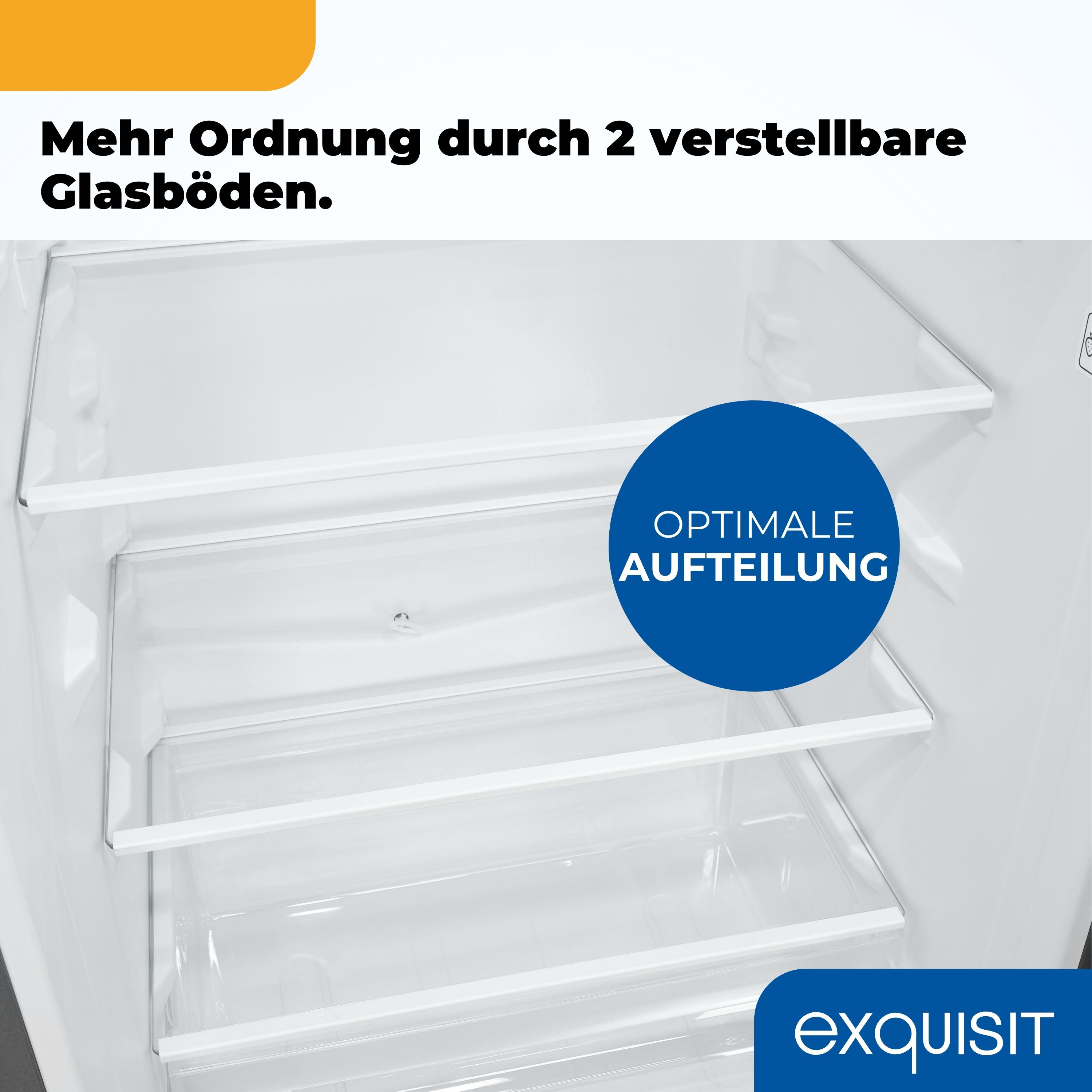 Innenraum eines Kühlschranks mit verstellbaren Glasböden und Text 'Optimale Aufteilung'.