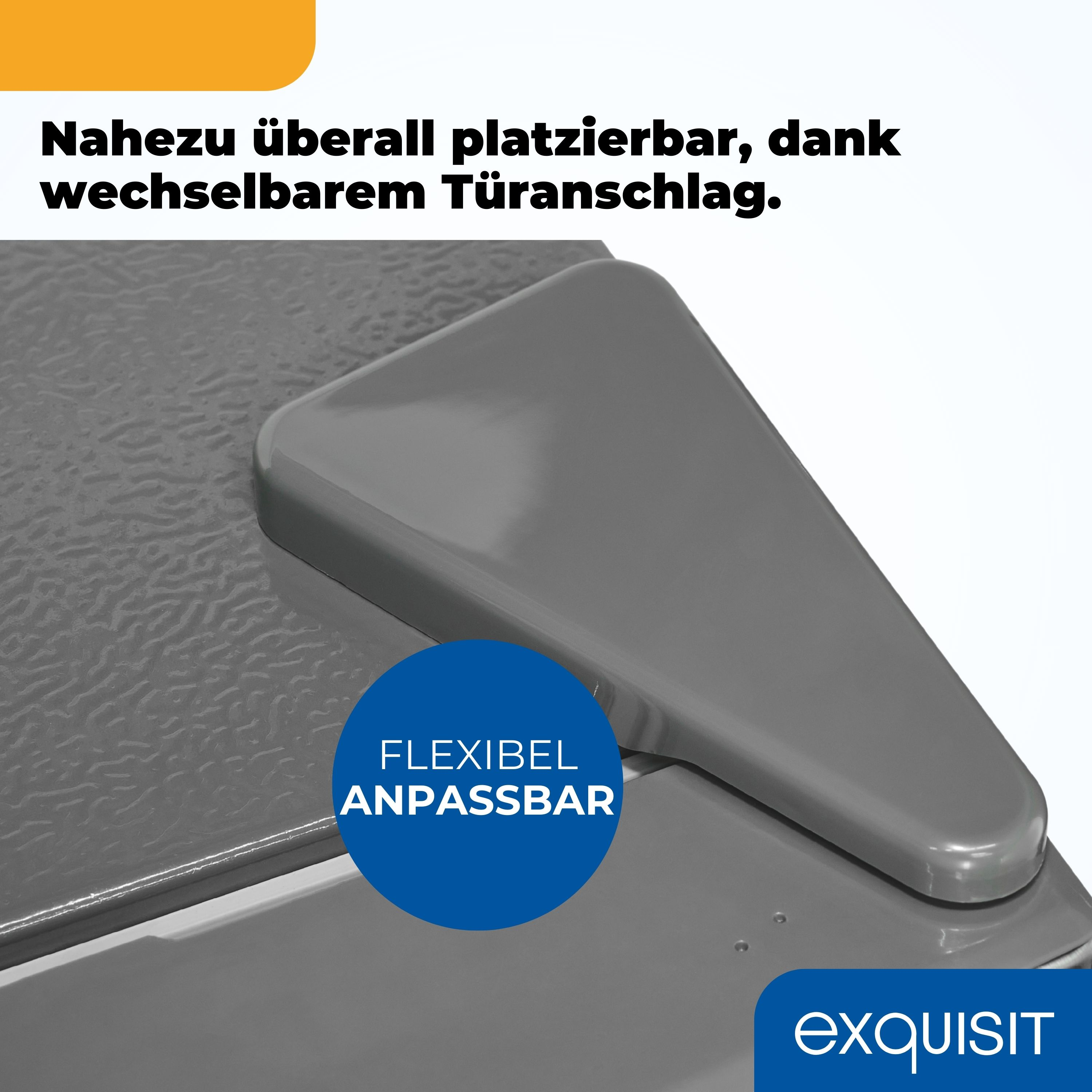 Eine graue Schranktür mit einem flexiblen, anpassbaren Griff und einem blauen Kreis mit Text.