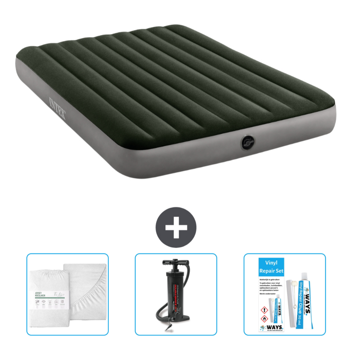 Een luchtmatras met extra items: lakens, een pomp en een reparatieset. Items op een witte achtergrond.