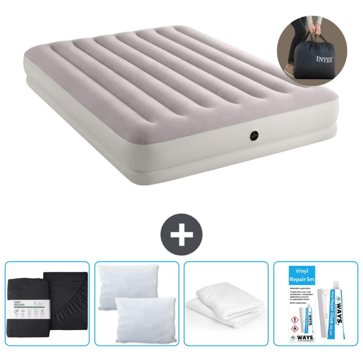 Een opblaasbed, kussens en een reparatieset worden weergegeven. Het bed is grijs en wit.