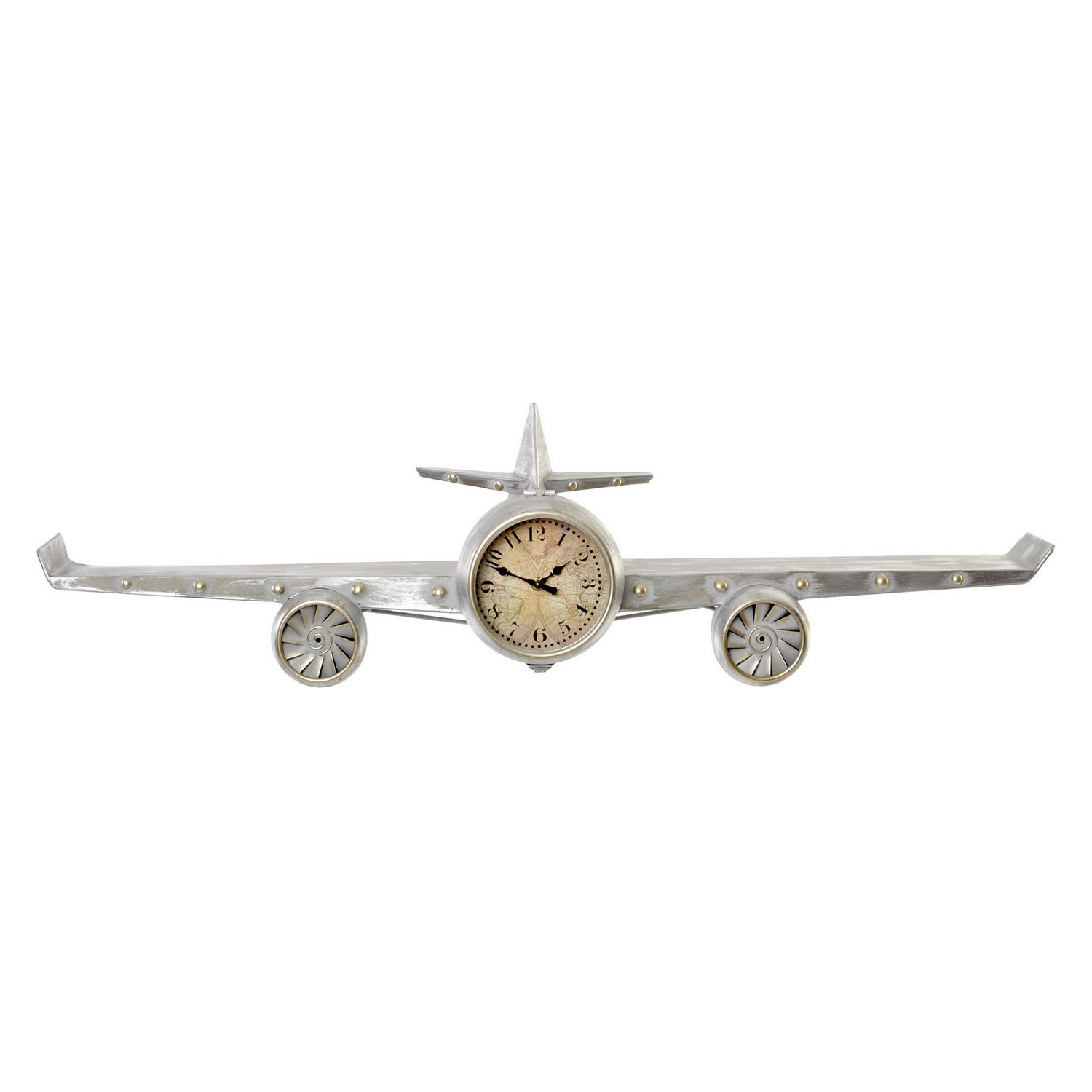 Un orologio aereo in metallo con un quadrante vintage e due eliche.