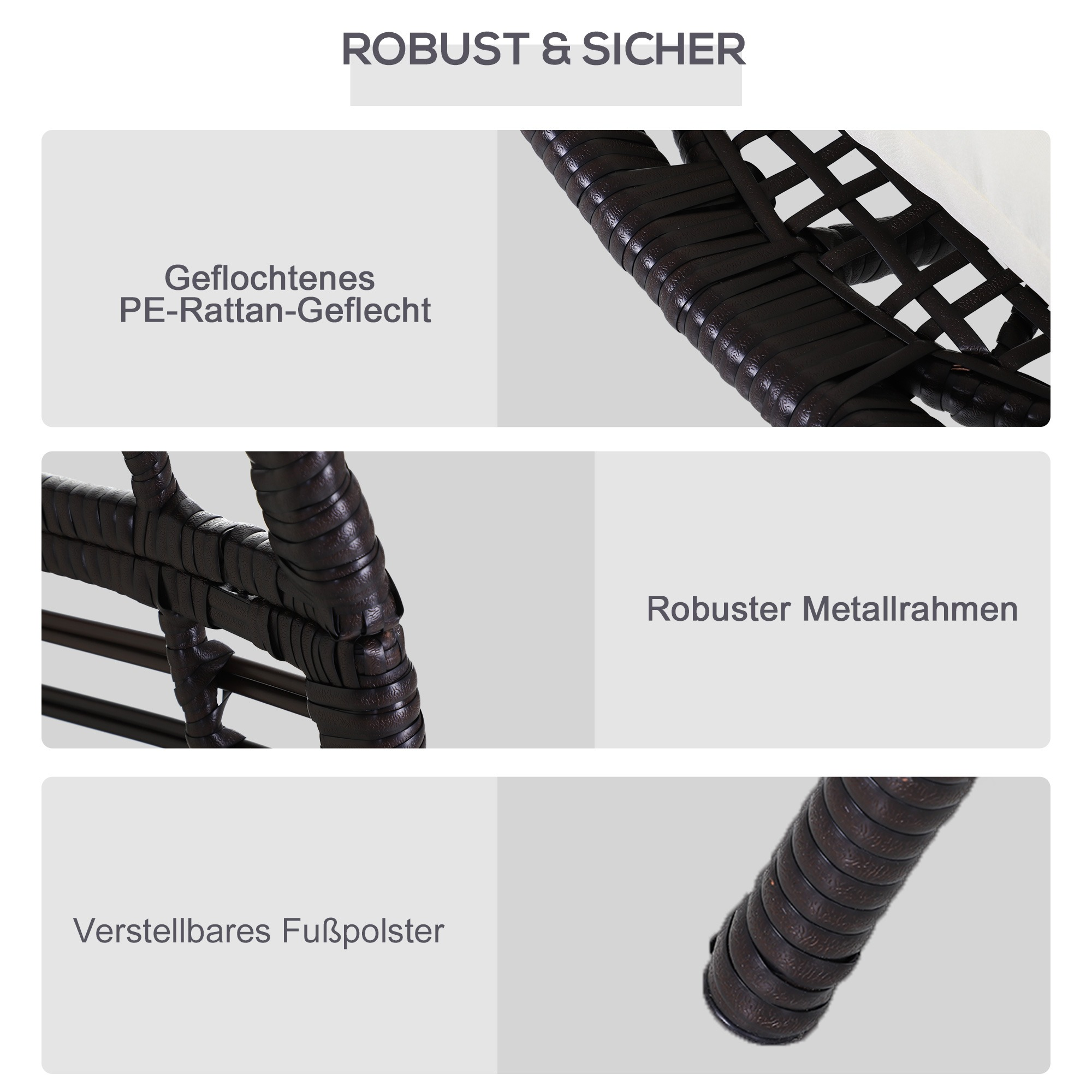 Nahaufnahme von braunen Rattanstuhlteilen, mit deutschen Textbezeichnungen: robust, gewebt, Metallrahmen und Fußstütze.