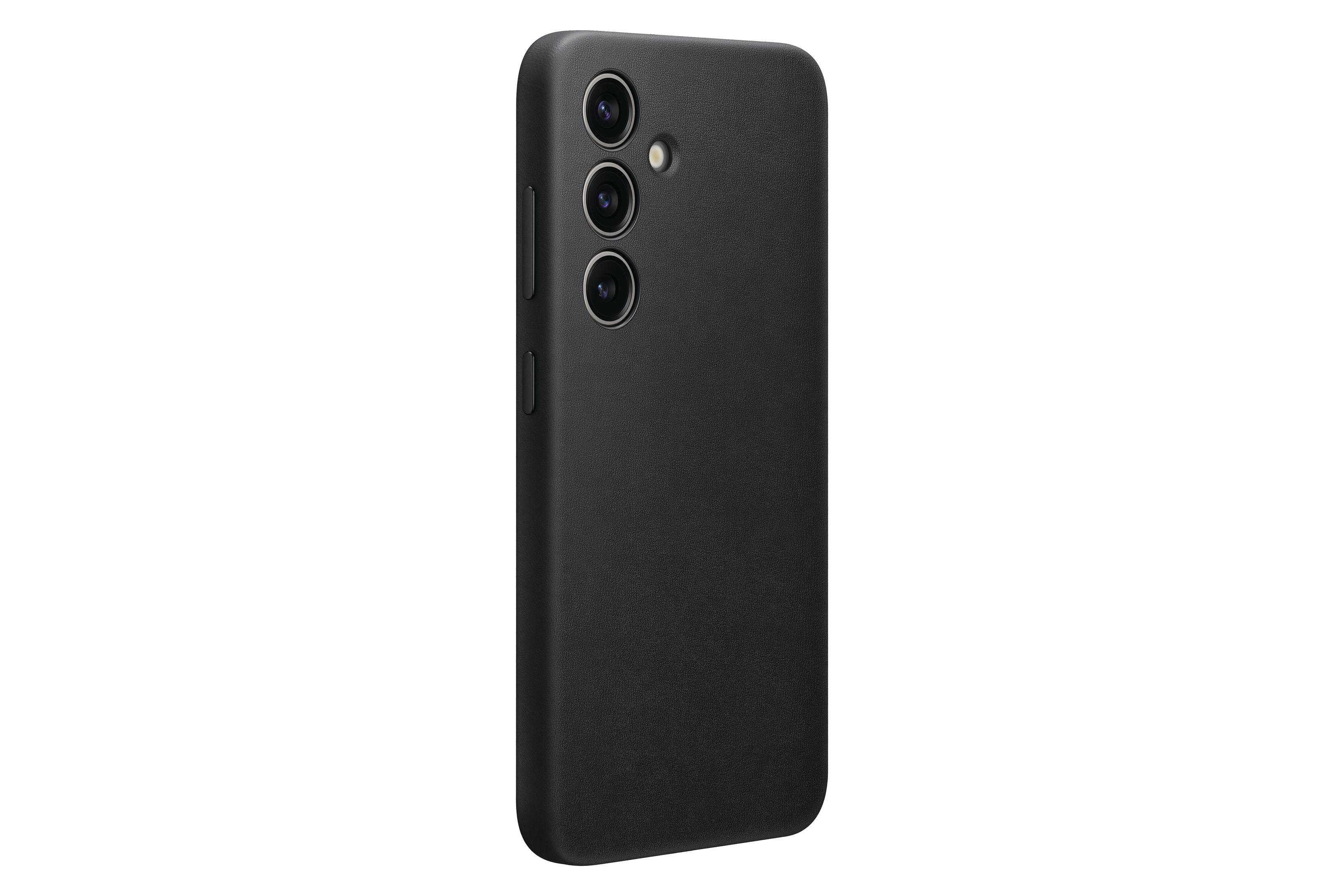 Funda negra con tres recortes para cámara. El lateral tiene botones. Fondo blanco.