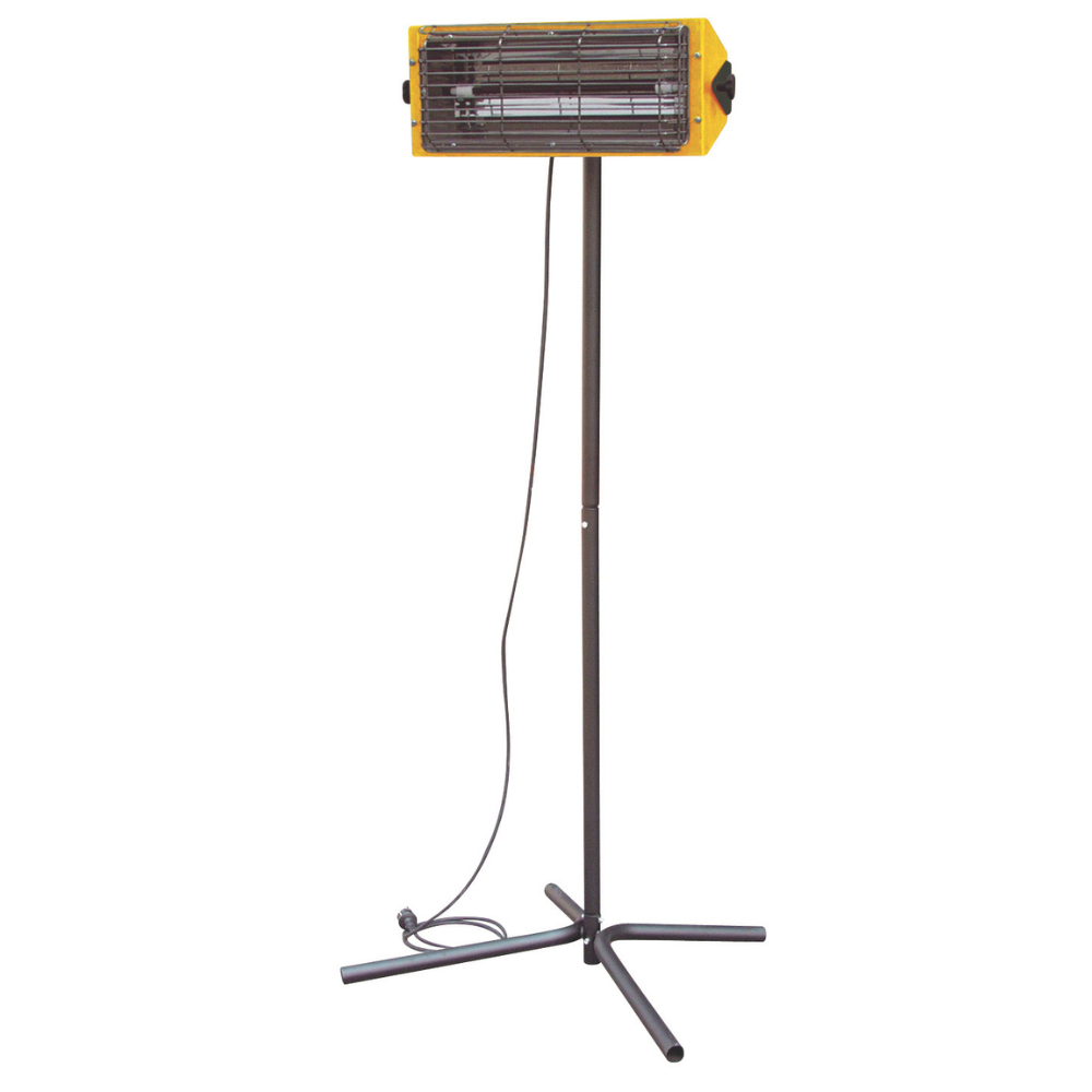 Gele industriële heater op een zwart statief. De heater heeft een draad en een lamp.