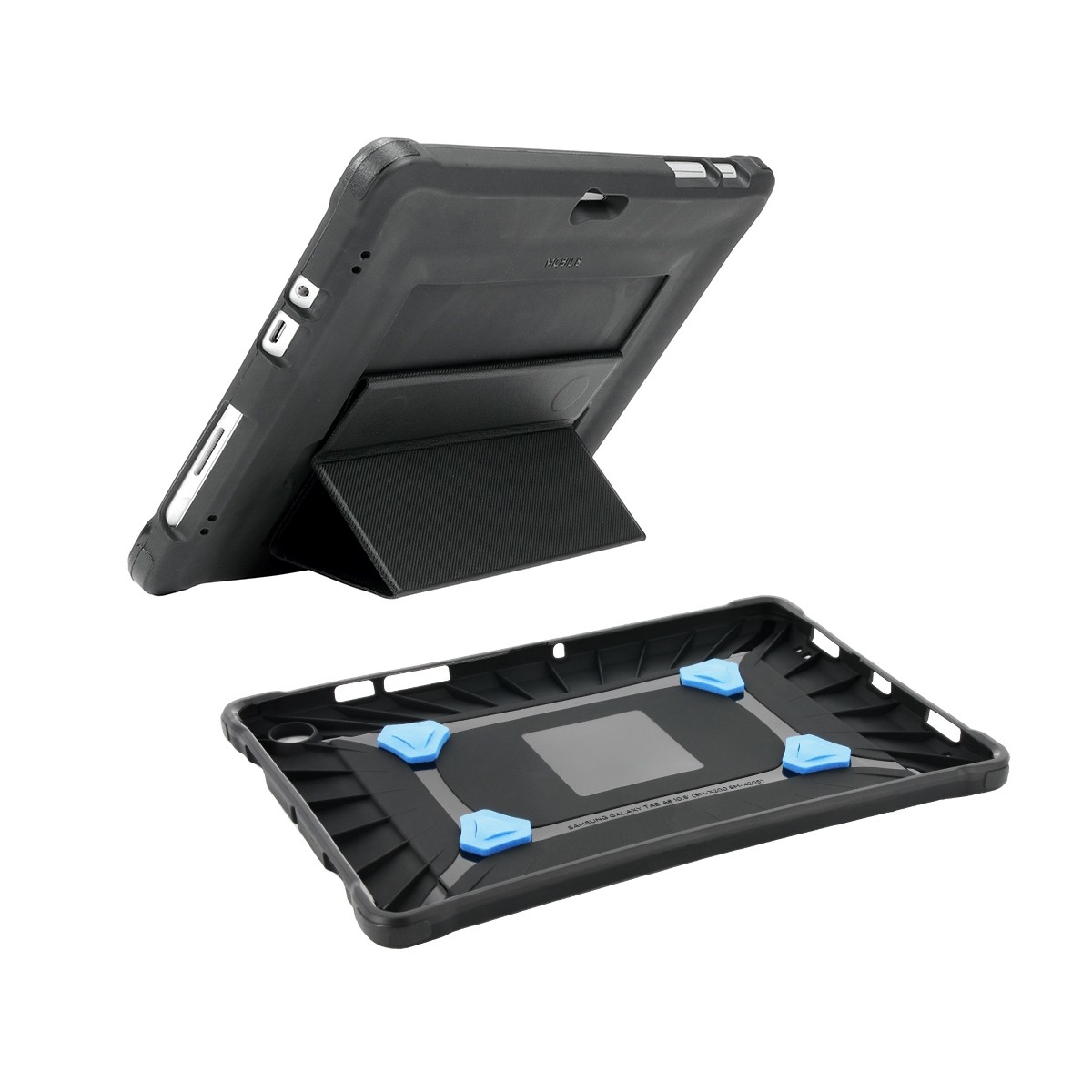 Funda negra para tableta con soporte. La tableta está en la funda. La funda es negra. Acentos azules.