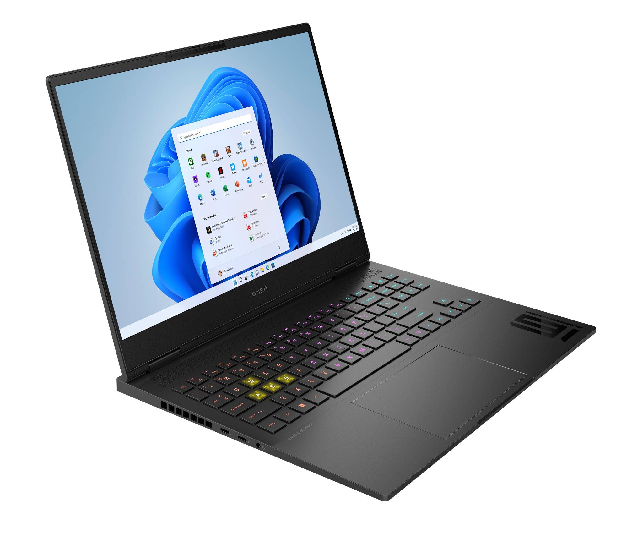 Czarny laptop OMEN z interfejsem Windows 11 na ekranie. Klawiatura jest podświetlona.