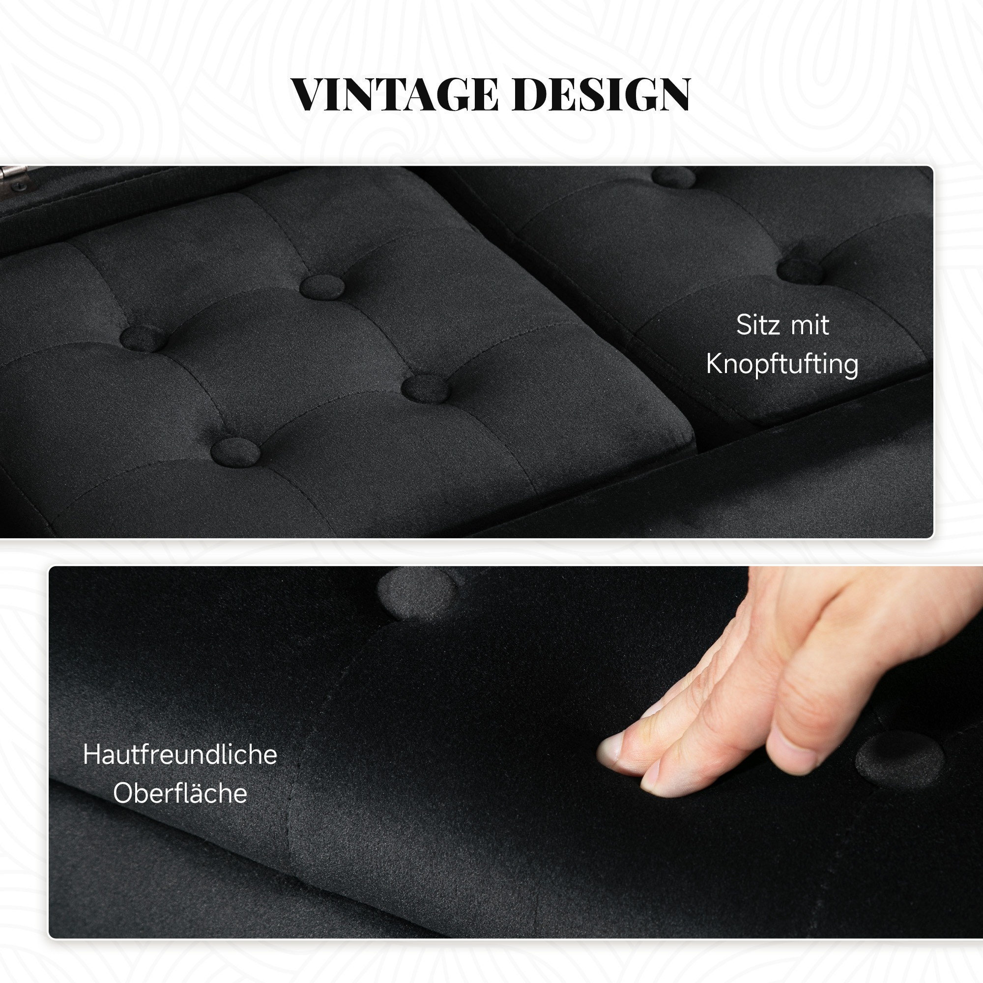 Nahaufnahme eines schwarzen Sofas. Merkmale des Sofas werden gezeigt.