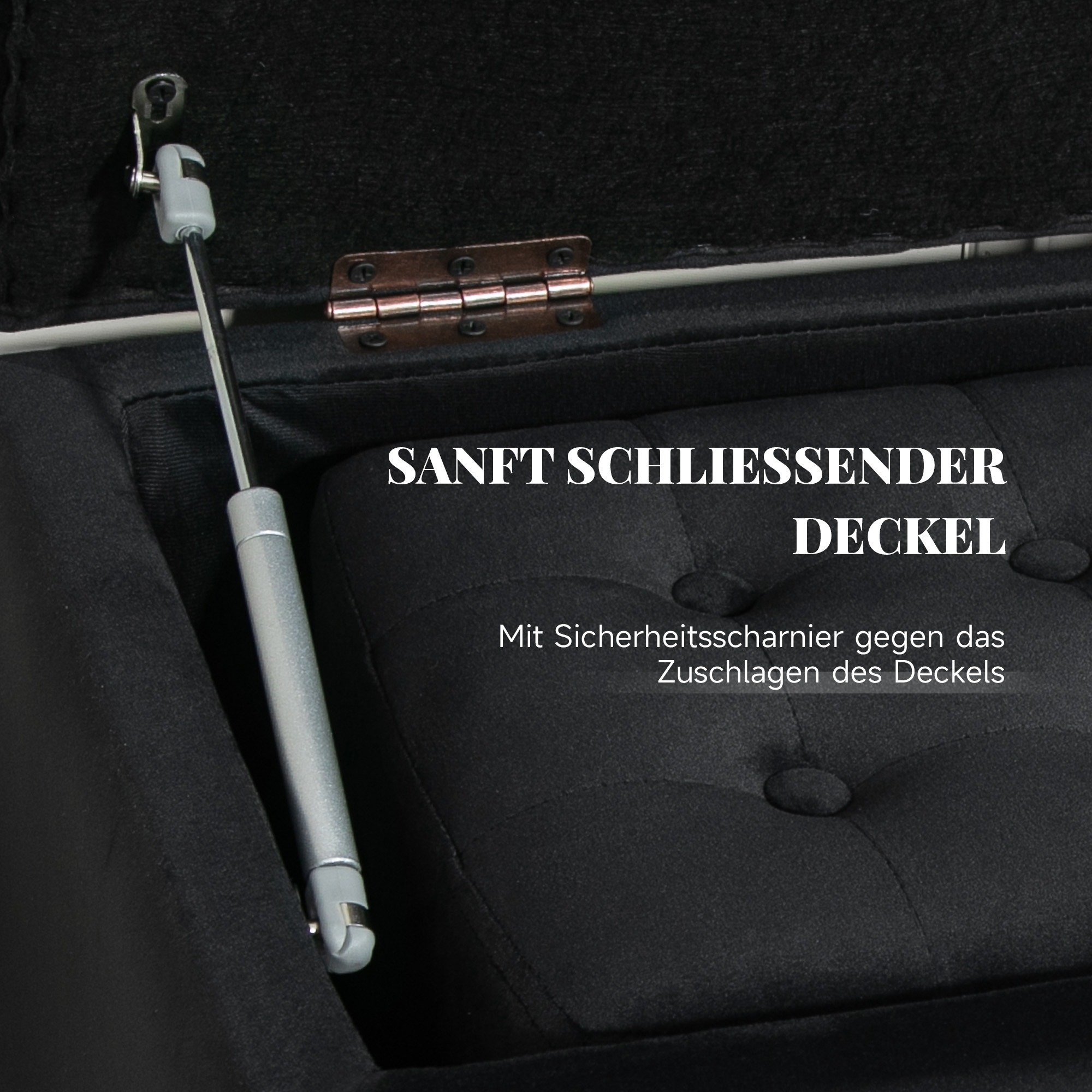 Offene Sitzbank mit gepolsterter Oberseite und Sicherheitscharnier.