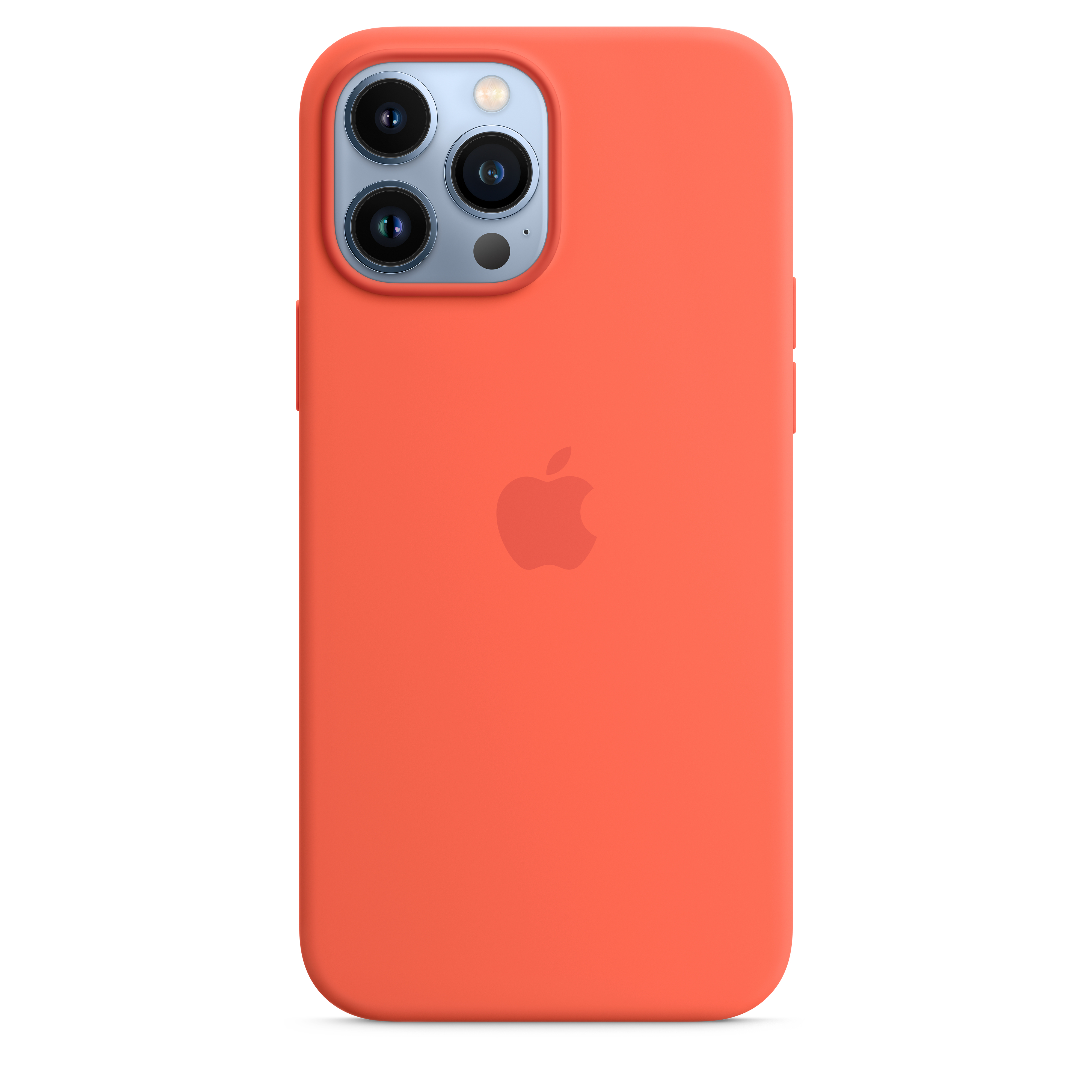 Een oranje iPhone-hoes met drie cameralenzen en het Apple-logo wordt getoond.