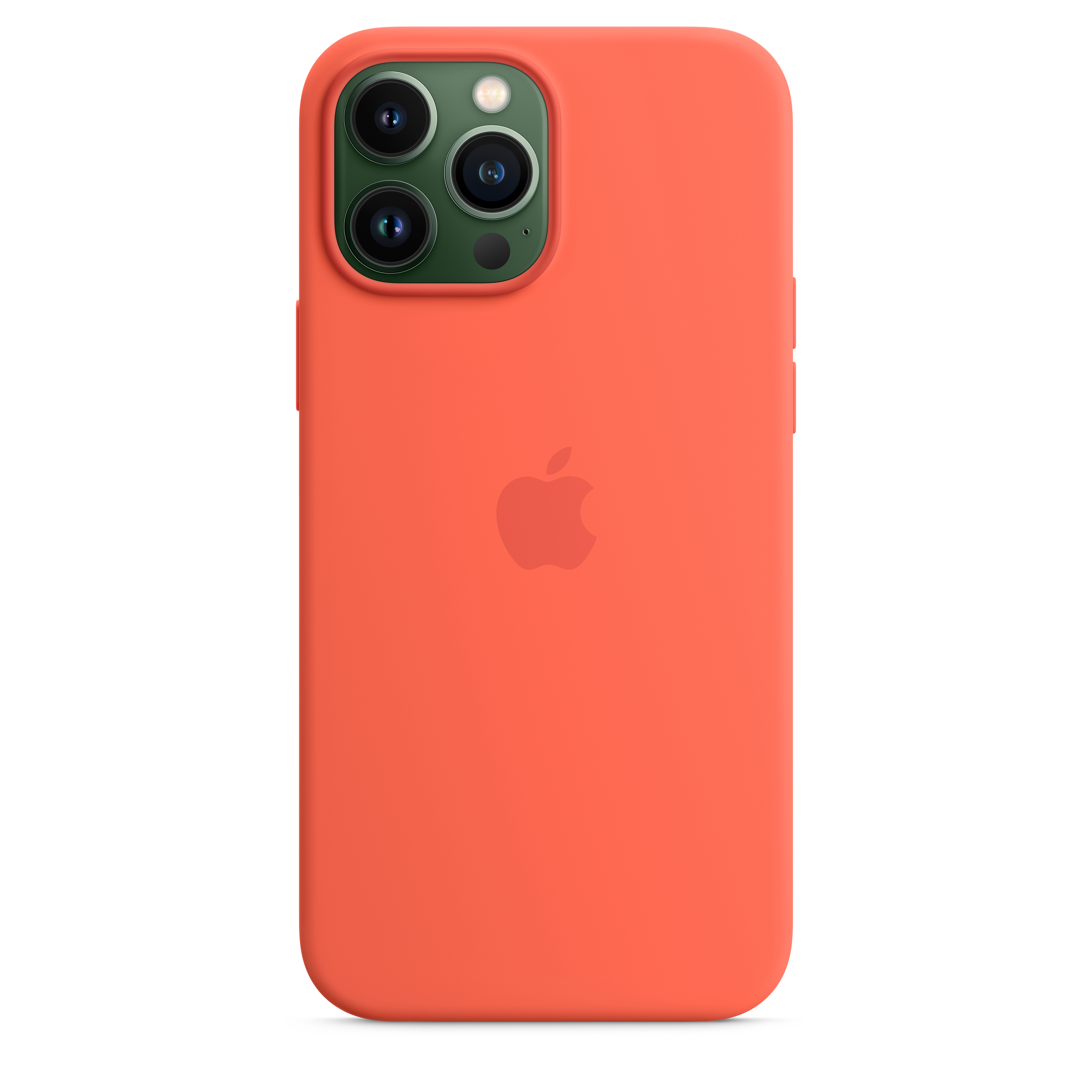 Een oranje telefoonhoesje met drie cameralenzen en het Apple-logo op de achterkant.