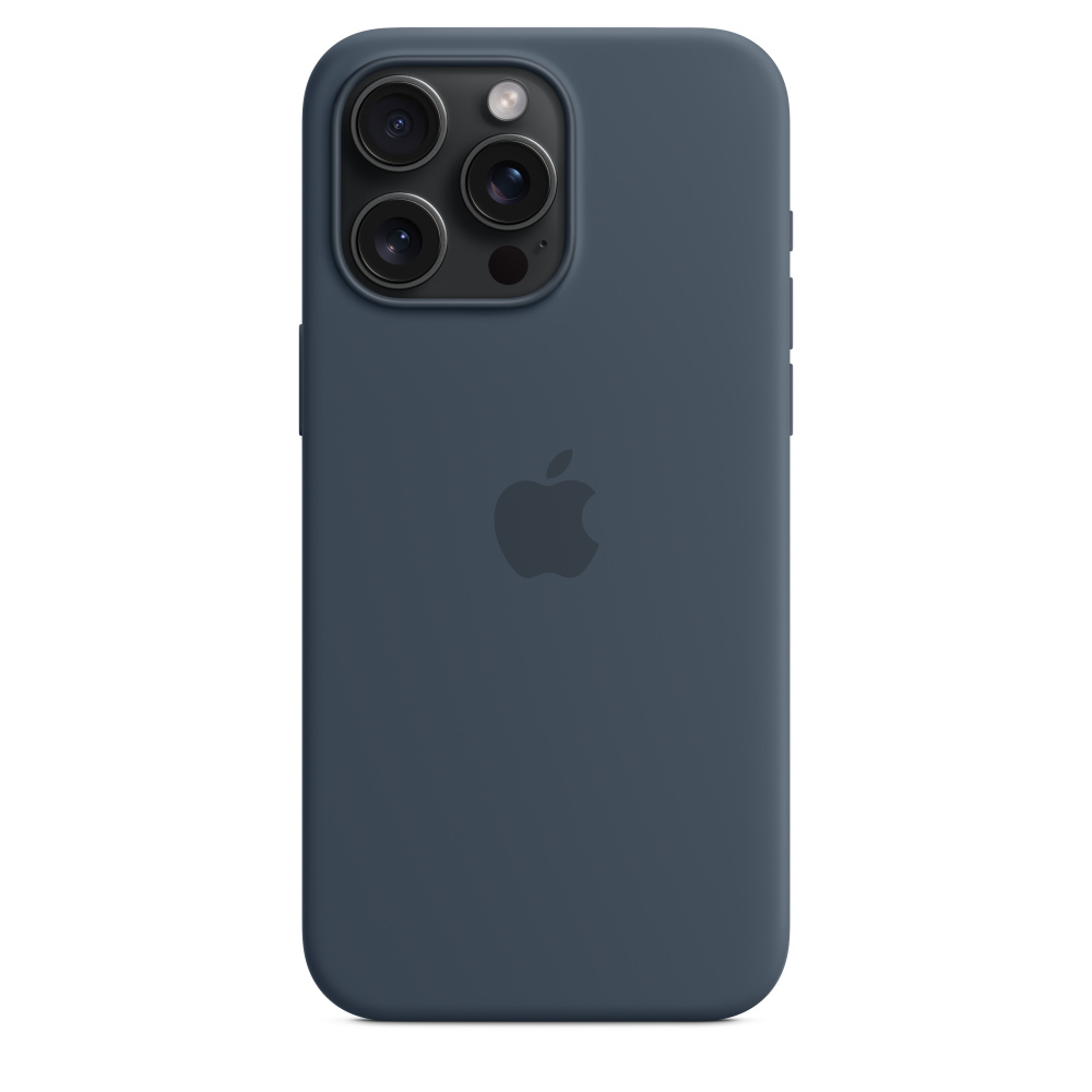 Dunkelblaue iPhone-Hülle mit Kameraaussparung und Apple-Logo auf weißem Hintergrund.