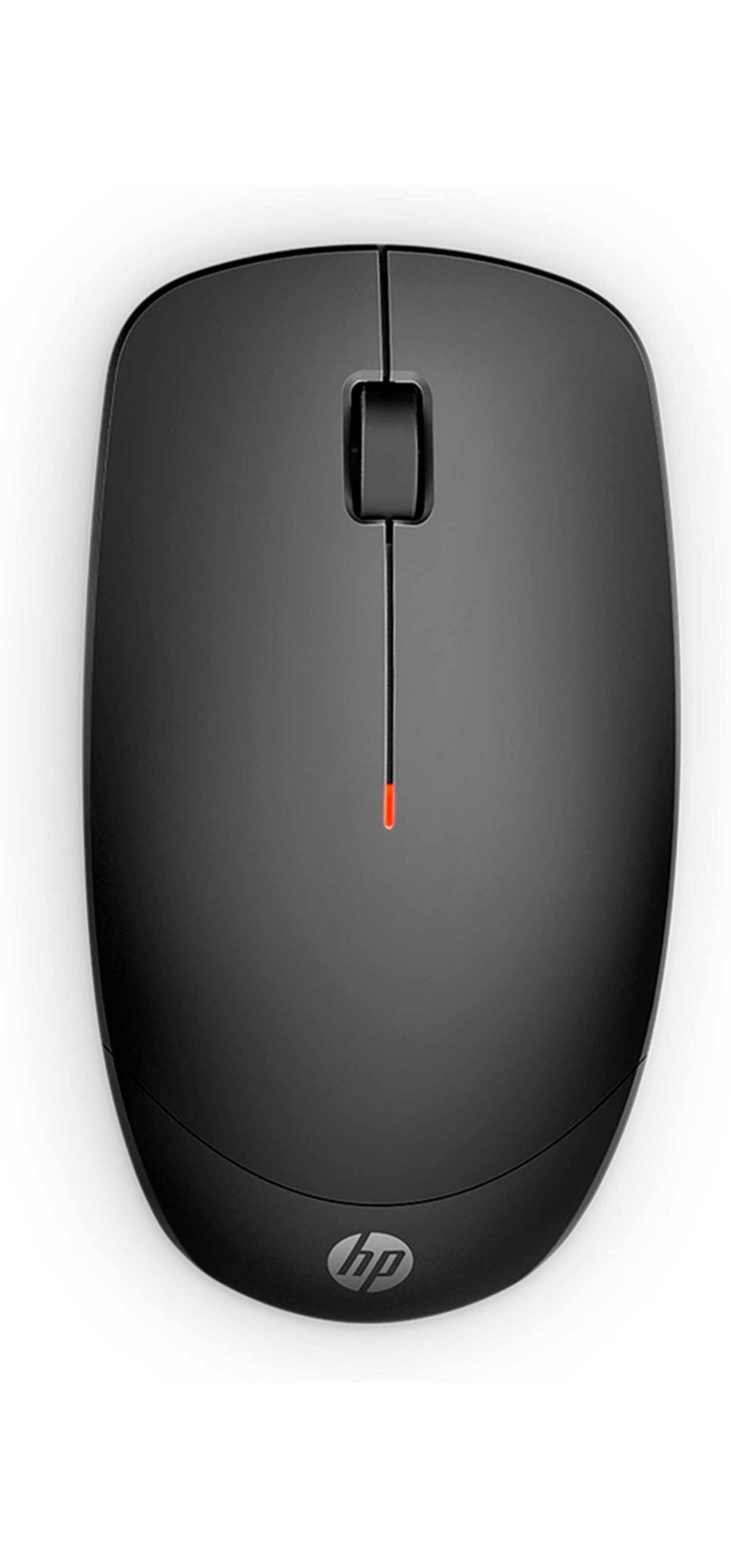 Mouse HP nero. Vista dall'alto. Luce rossa al centro, logo HP in basso.
