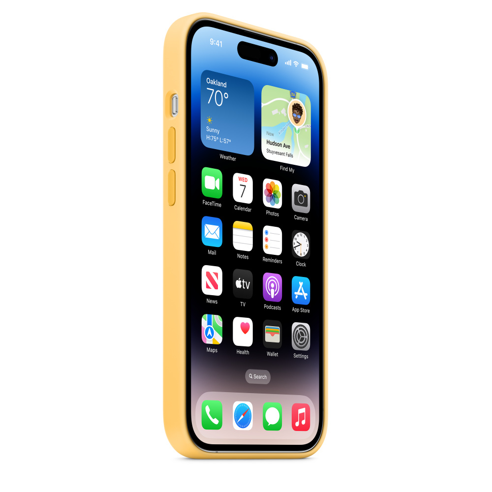 Yellow iPhone in a case, showing the screen with weather and app icons.