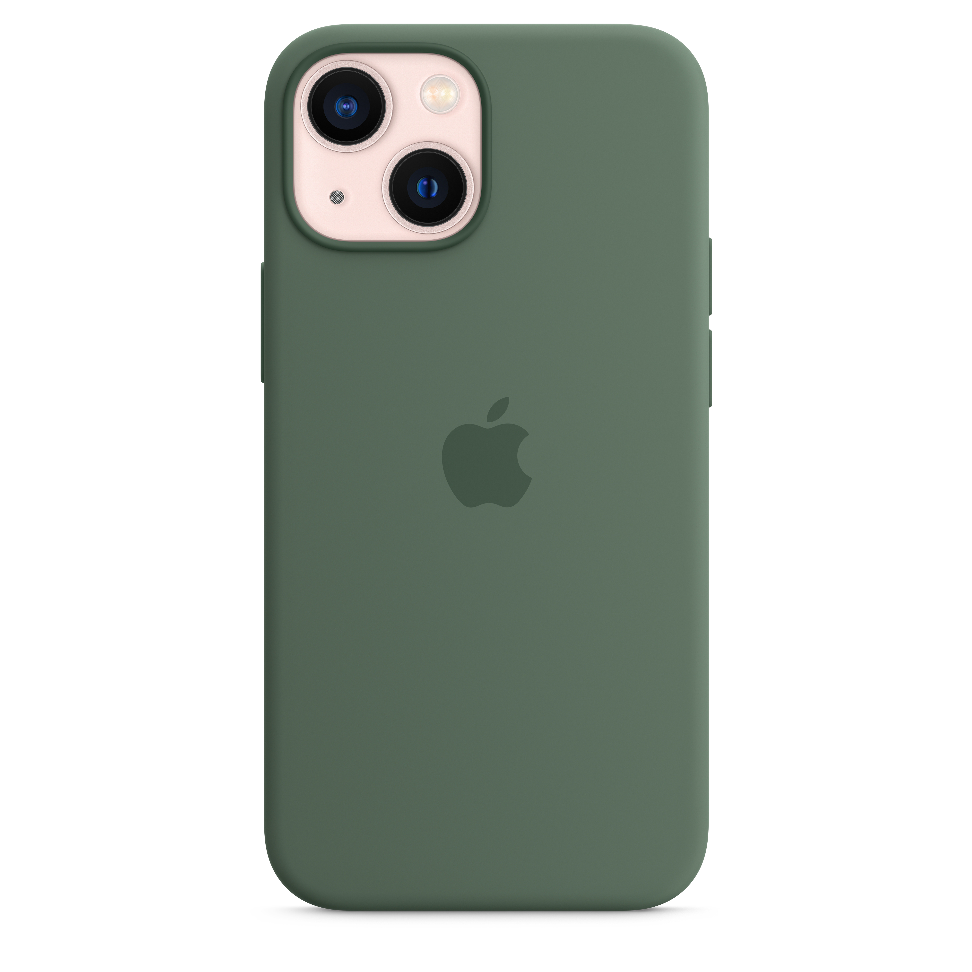 Ein grünes iPhone 13 mini mit Apple Logo auf der Rückseite, vor weißem Hintergrund.