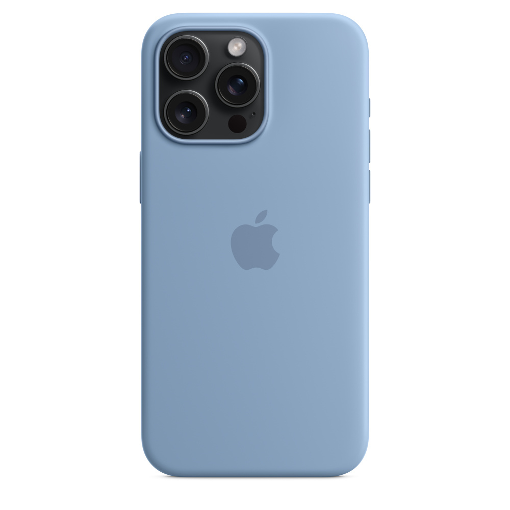 Himmelblaue iPhone-Hülle mit 3 Kameras, Apple-Logo. Es hat Lautstärke- und Ein-/Aus-Tasten.