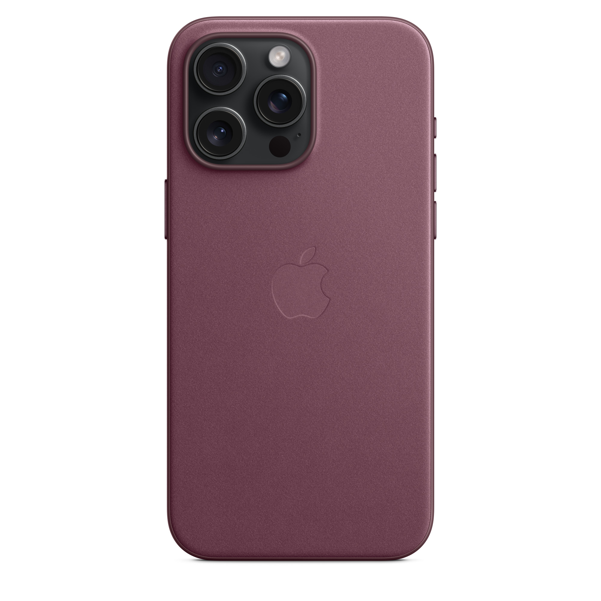 Telefoonhoes, donkerrood. Toont het Apple-logo en cameralenzen. Witte achtergrond.
