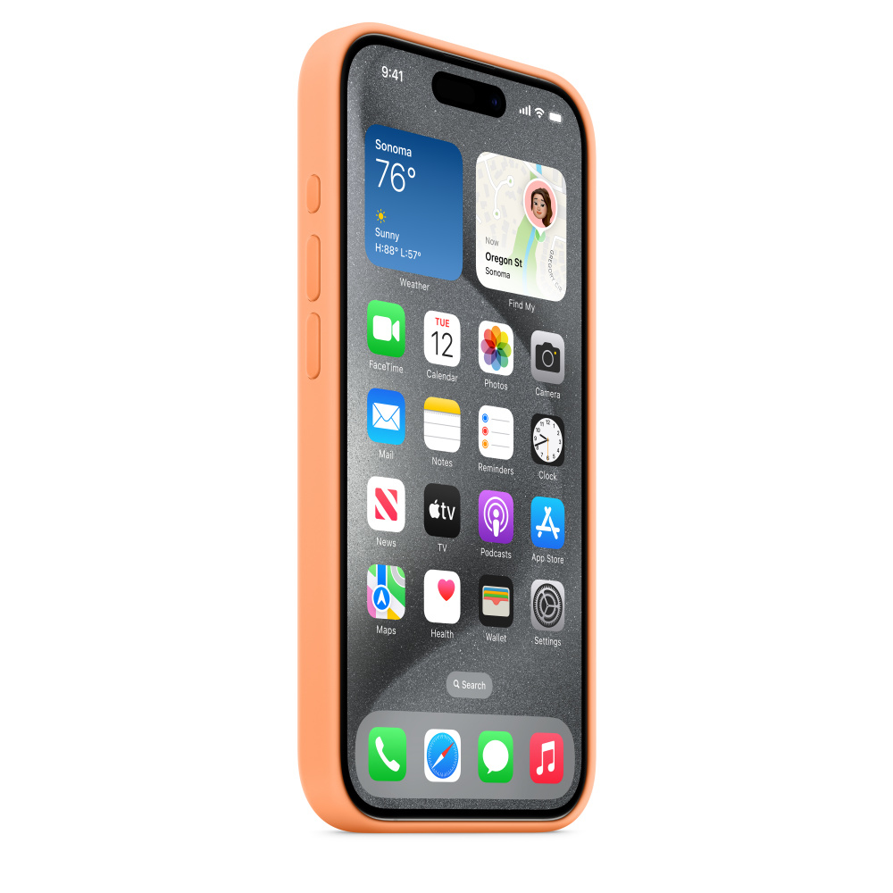 Orange phone in a case displaying a phone interface with app icons and widgets.