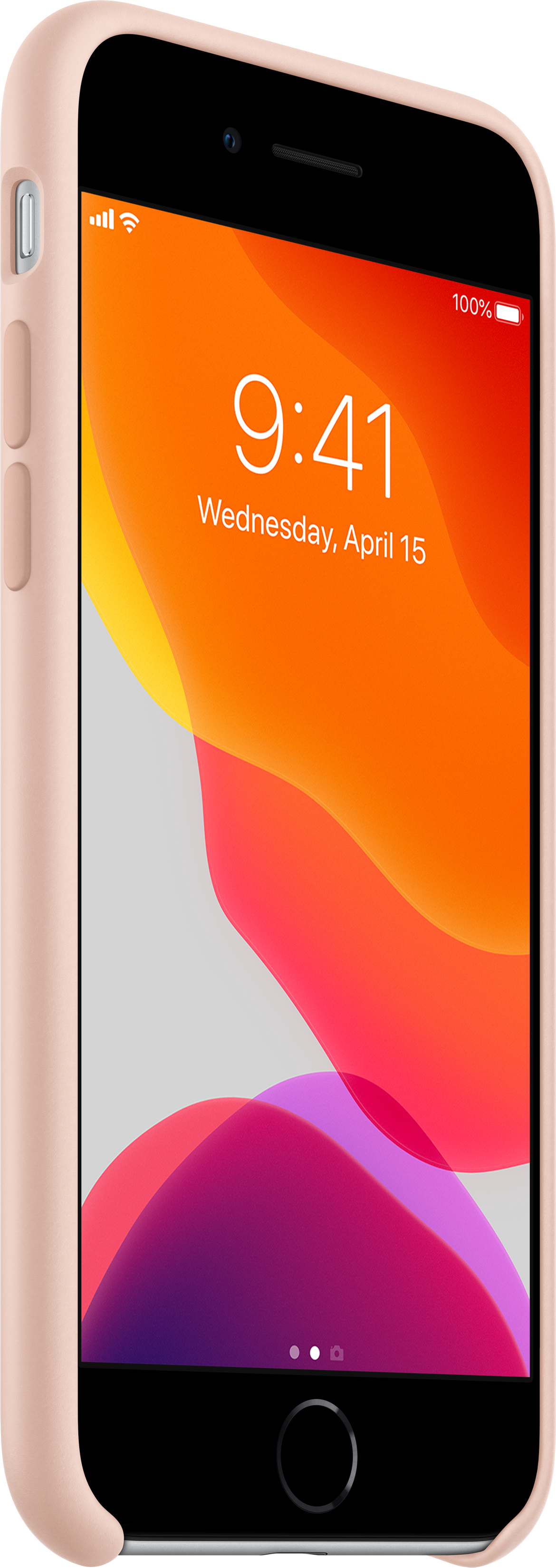 Pink iPhone in a case, displaying a colorful abstract wallpaper.