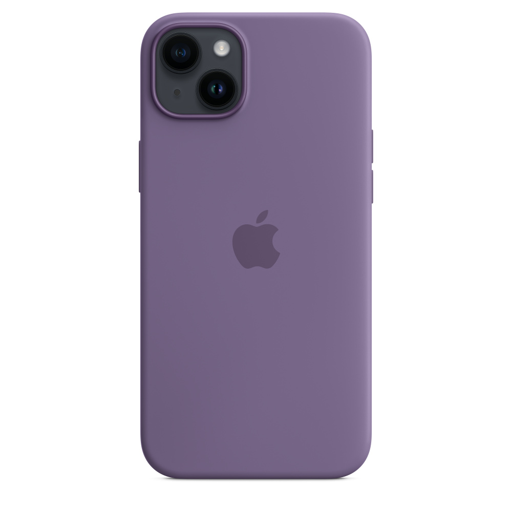 Fioletowy telefon z obiektywami aparatu i logo Apple z tyłu.