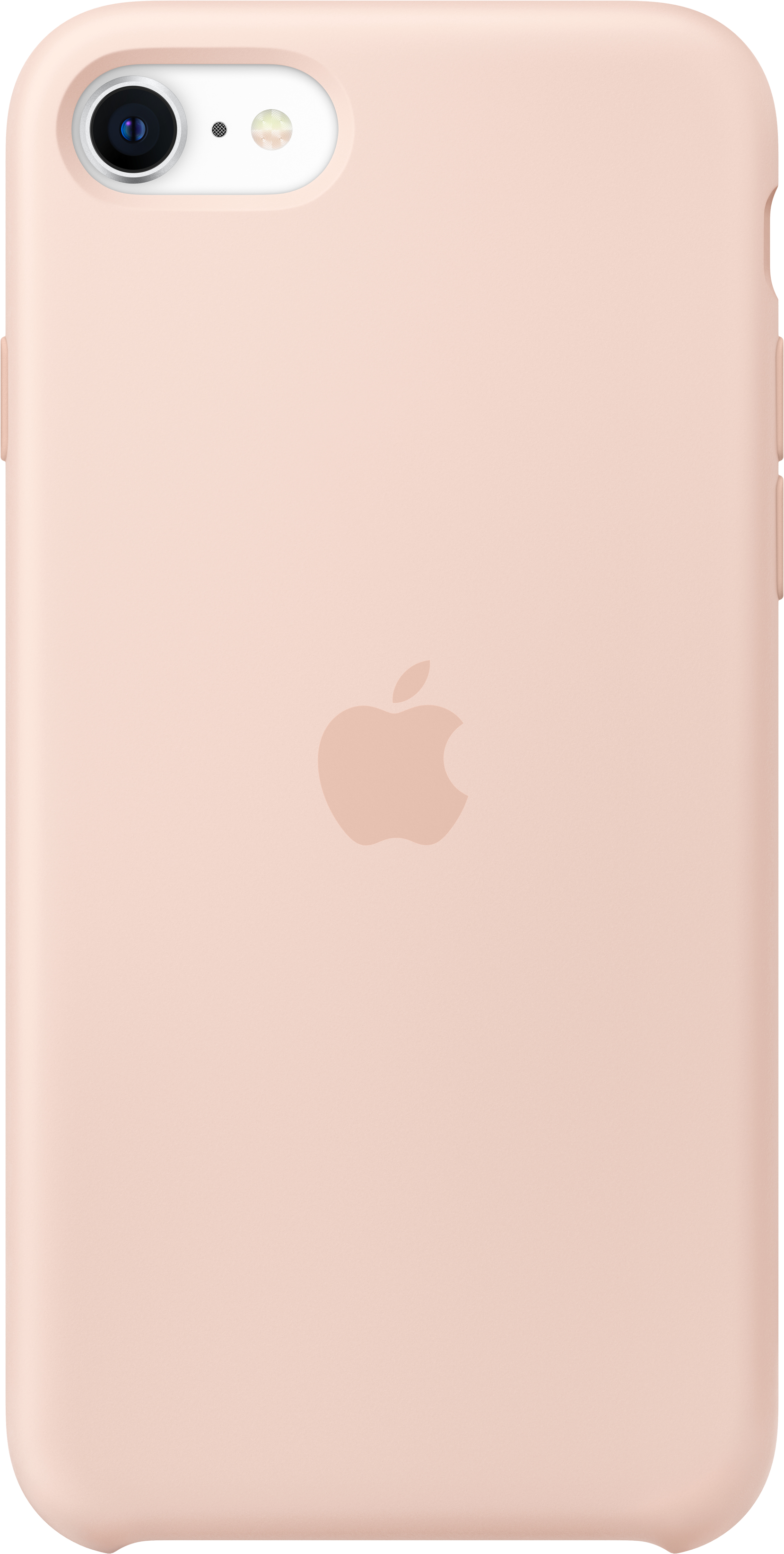 Pink phone case with Apple logo. Camera and buttons are visible. Smooth finish.