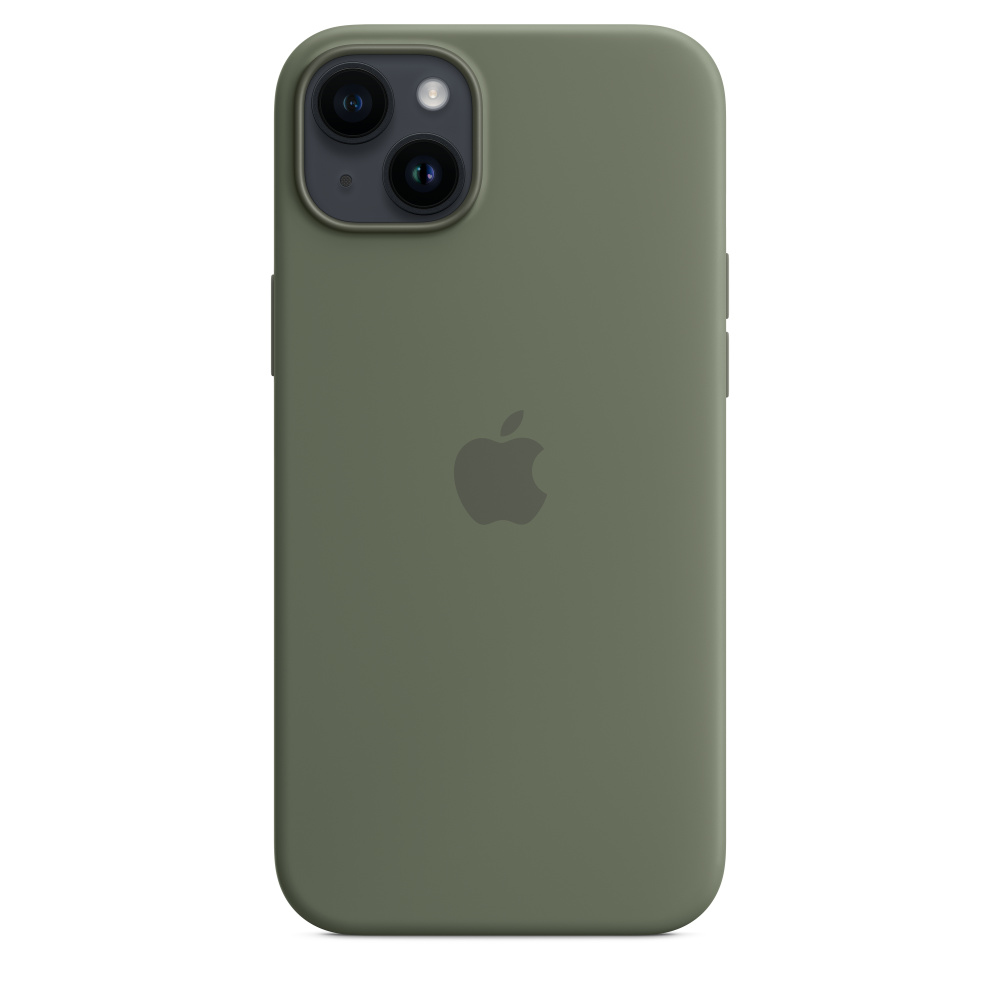 Custodia per telefono verde oliva con un logo Apple. La custodia ha una finitura opaca e una superficie liscia.