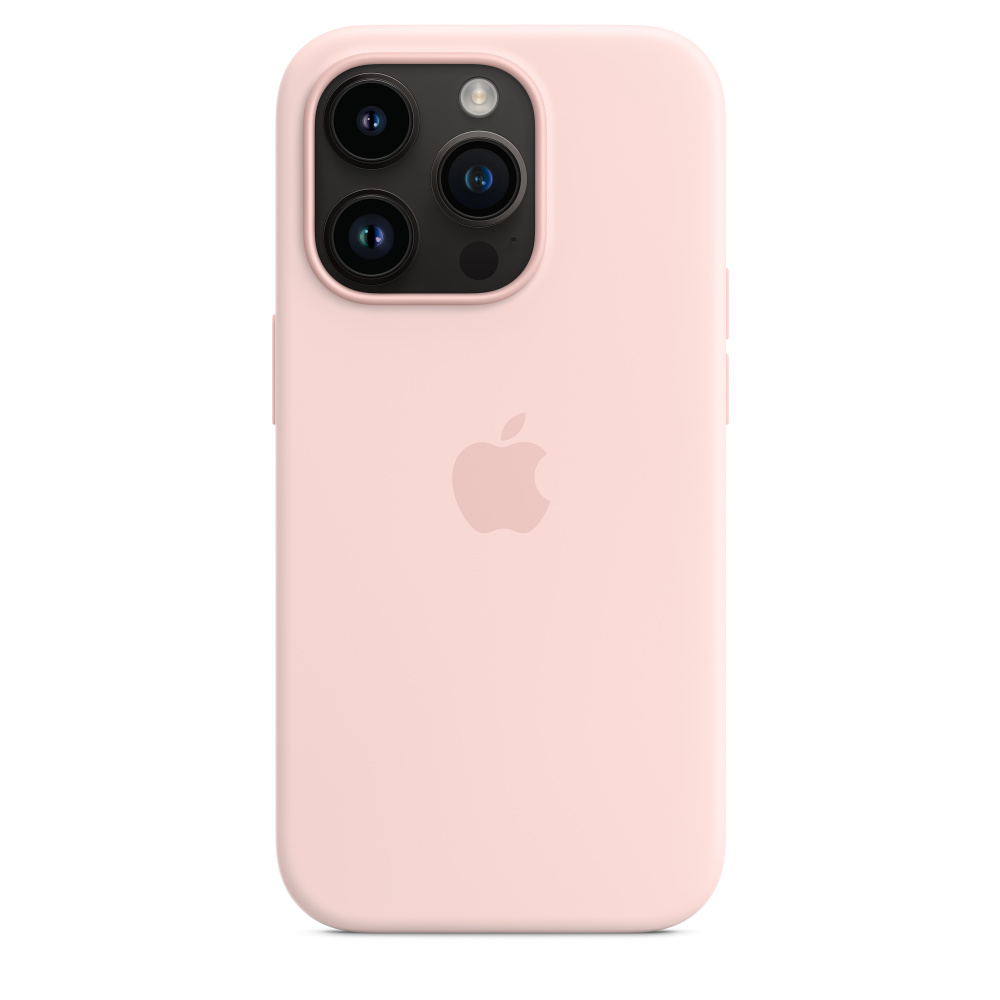 Roze iPhone-hoesje met een cameramodule en Apple-logo. Witte achtergrond, strakke en eenvoudige productfoto.