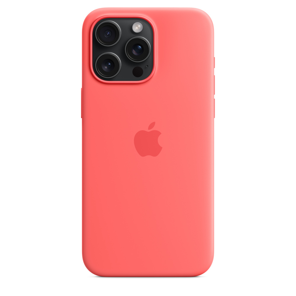 Coral colored iPhone case with three camera lenses and Apple logo.