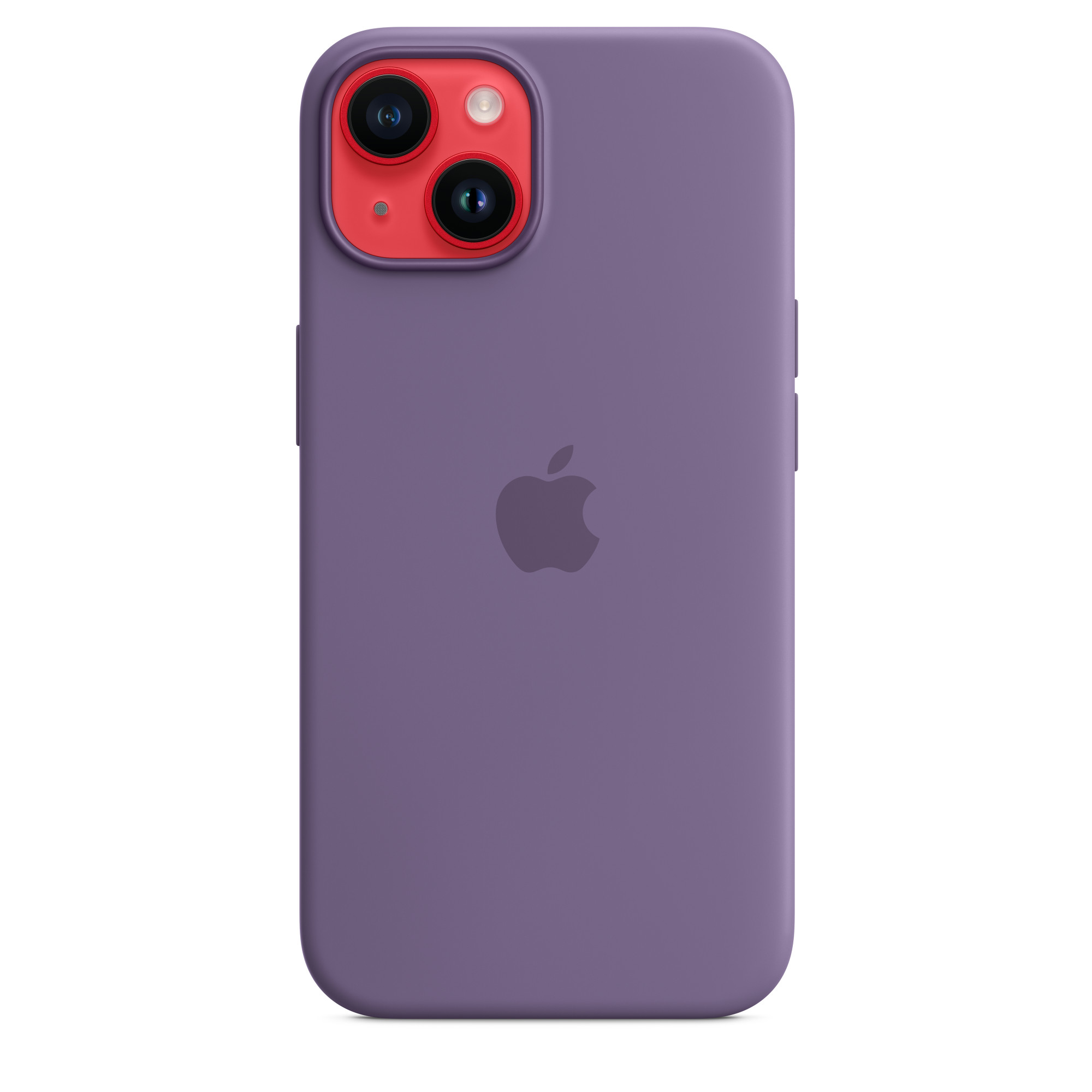 Fioletowe etui na telefon, widok z tyłu, z wycięciami na aparat i logo Apple, na białym tle.