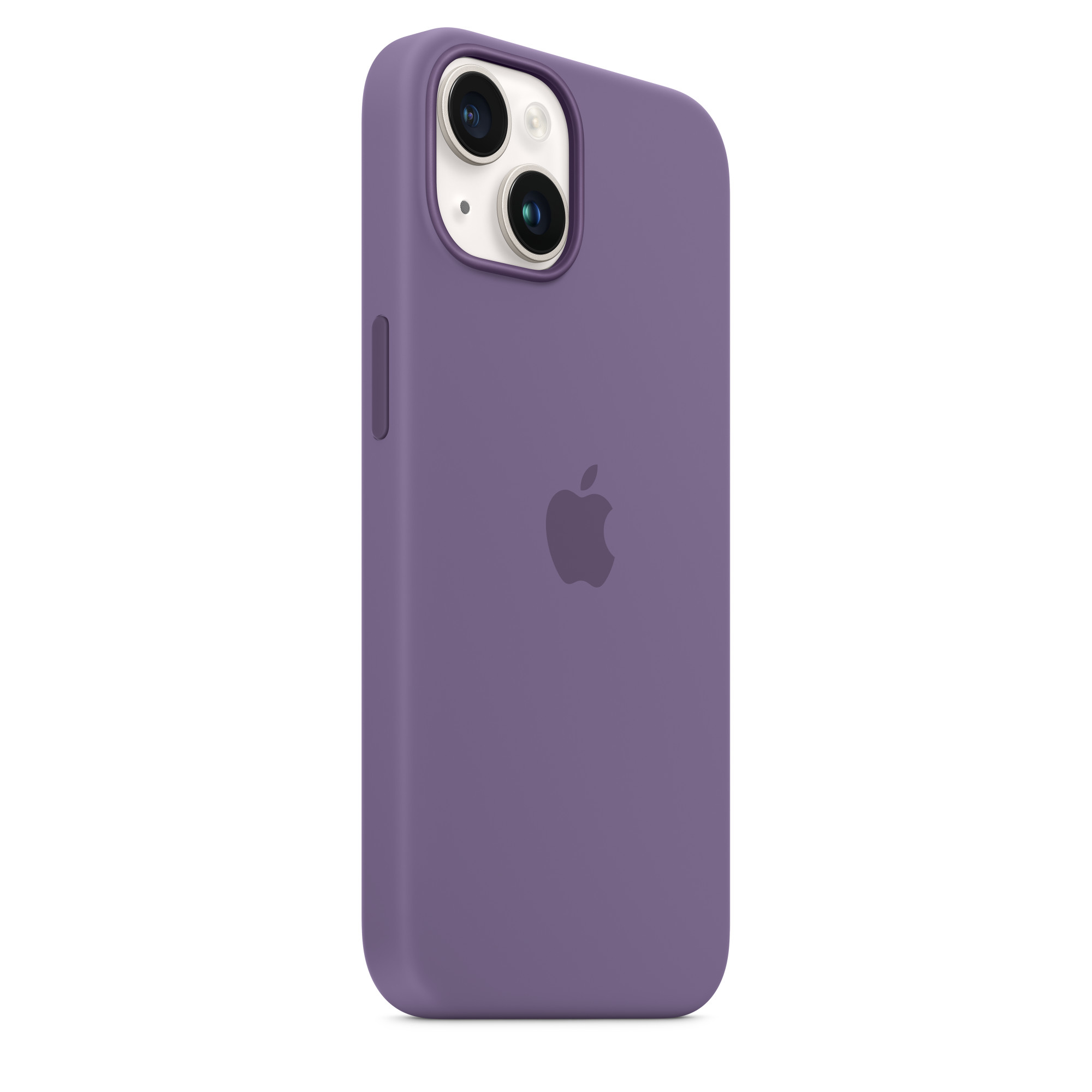Fioletowe etui na telefon z wycięciem na aparat i logo Apple.