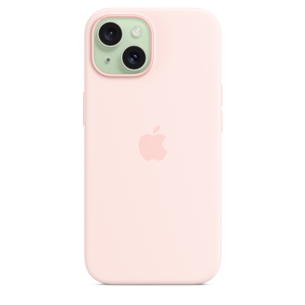A pink iPhone case with the Apple logo on the back, and the camera lenses visible.