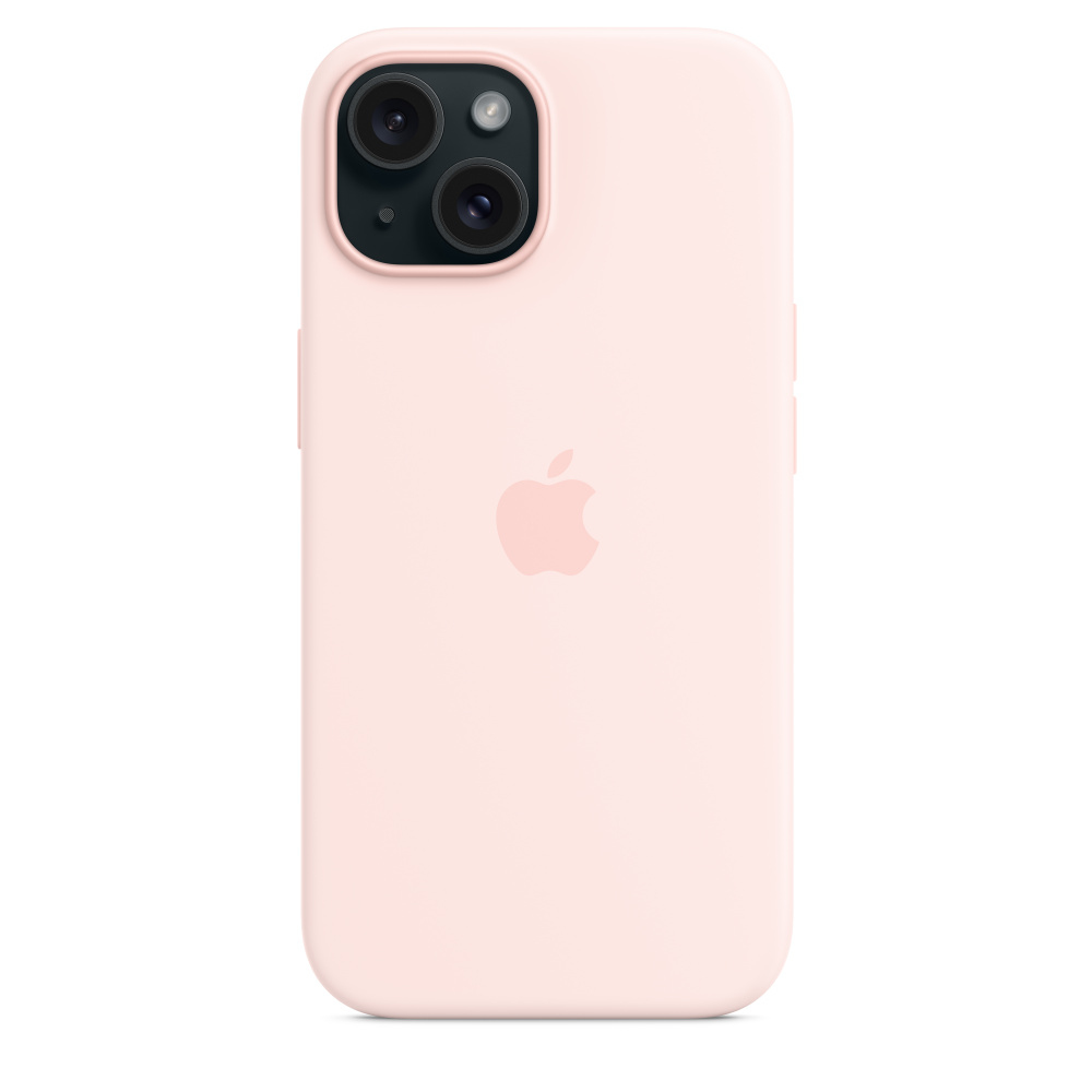Pink phone case for a cell phone, with two camera lenses and an Apple logo.