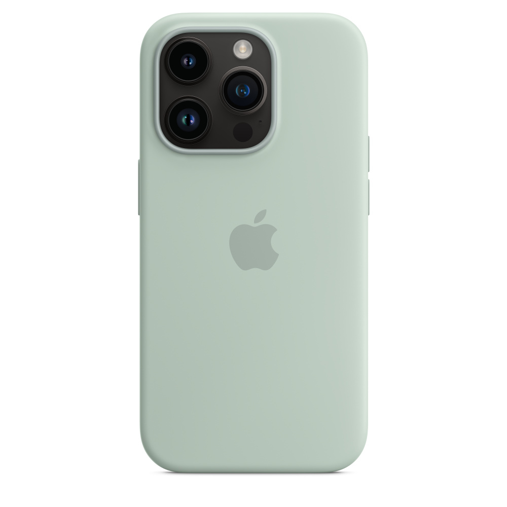Light green iPhone case with Apple logo and triple camera on a white background.