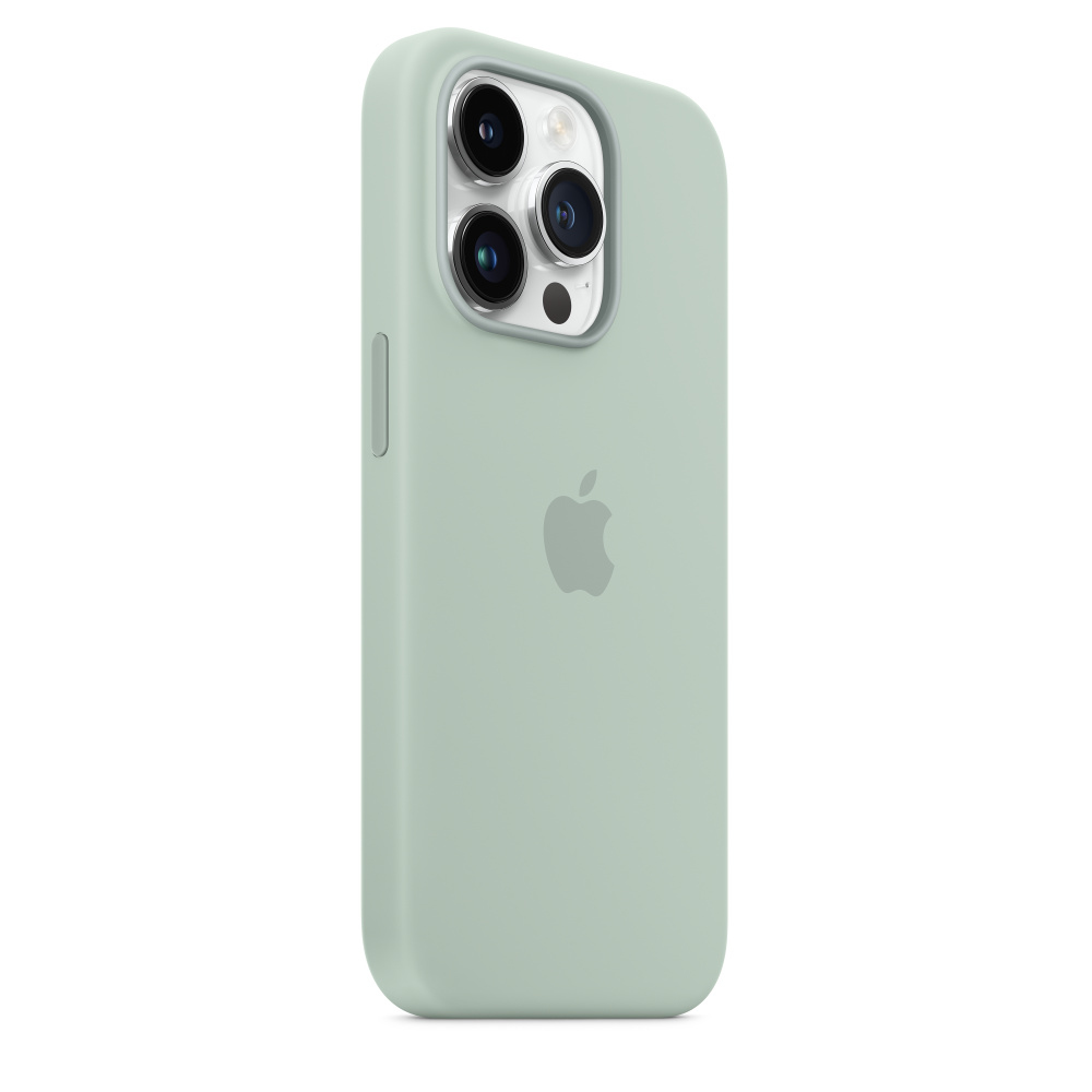 A light green phone case with three cameras. An Apple logo is on the back.