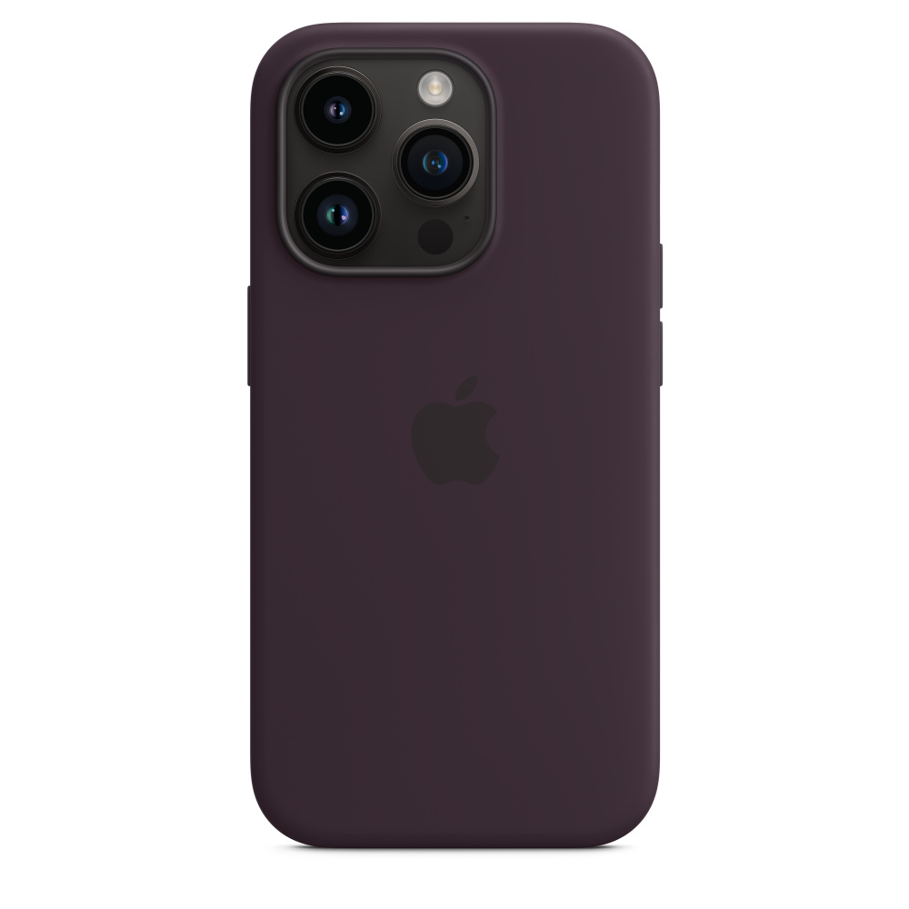 Lila Handyhülle mit Apple-Logo. Dreifachkamera. Sauberer Hintergrund.