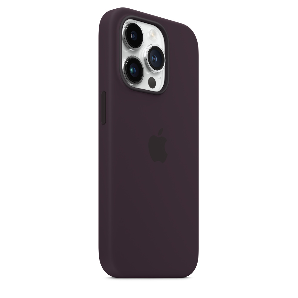 Eine dunkelviolette iPhone-Hülle mit schwarzem Kamera-Array und Apple-Logo auf der Rückseite.