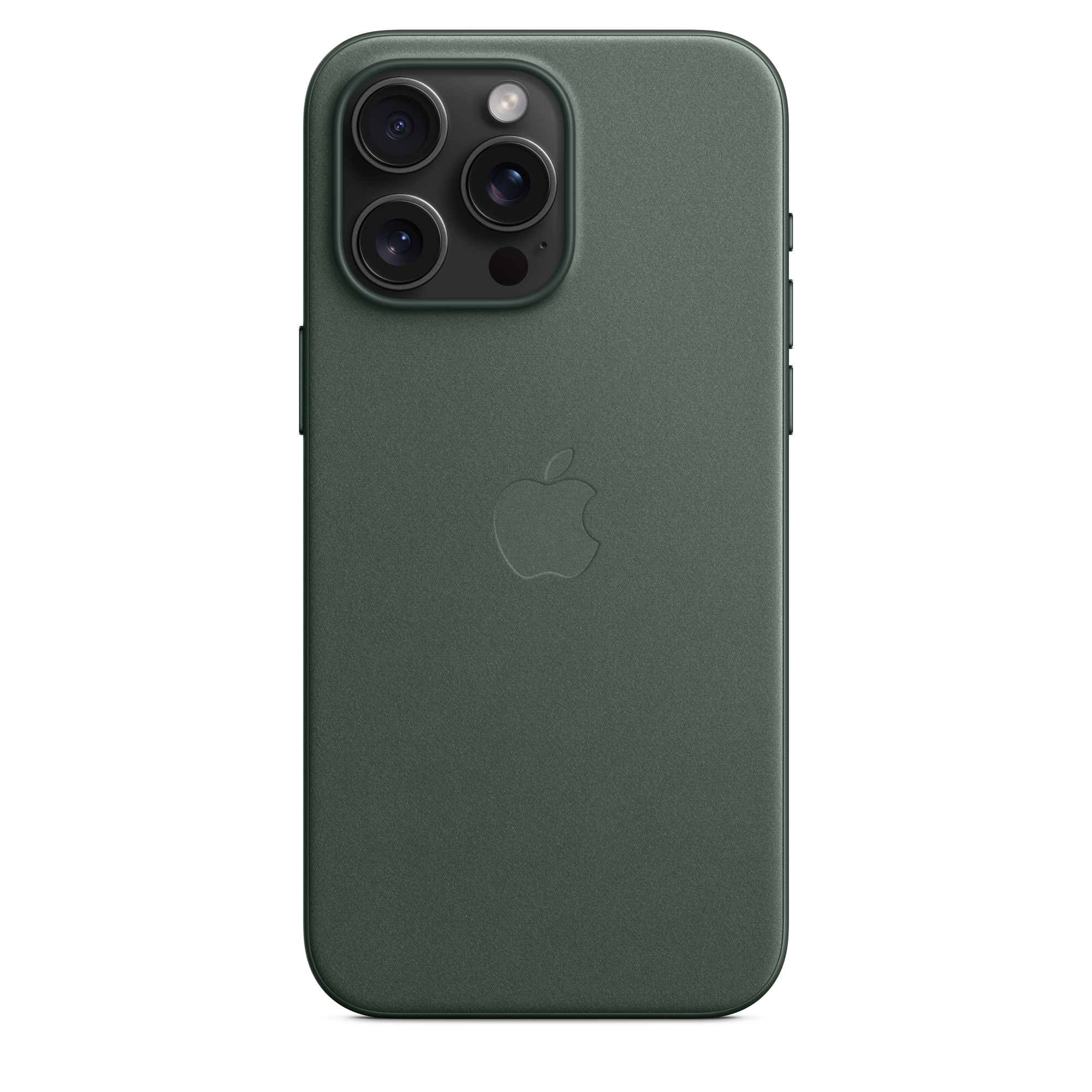 Achterkant van een groene telefoonhoes met Apple logo en cameralenzen. De hoes is donkergroen.