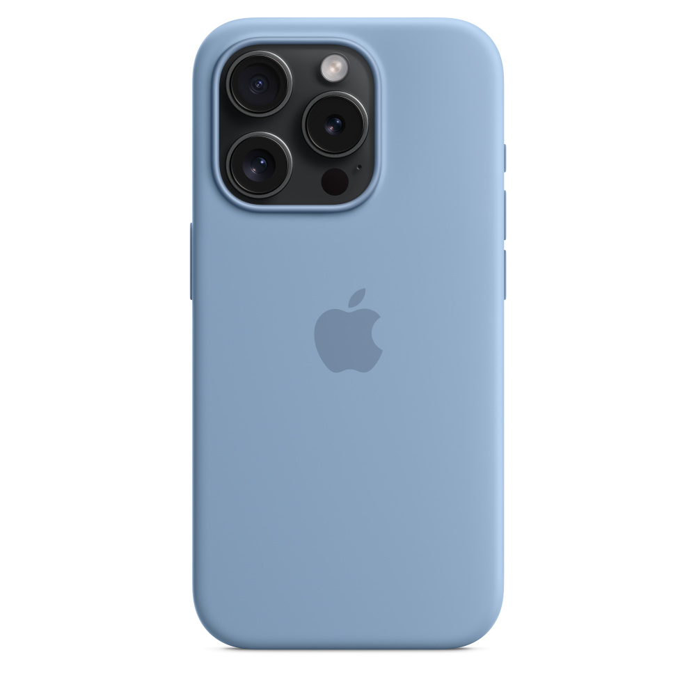 Coque iPhone bleue avec trois découpes caméra et logo Apple au dos.