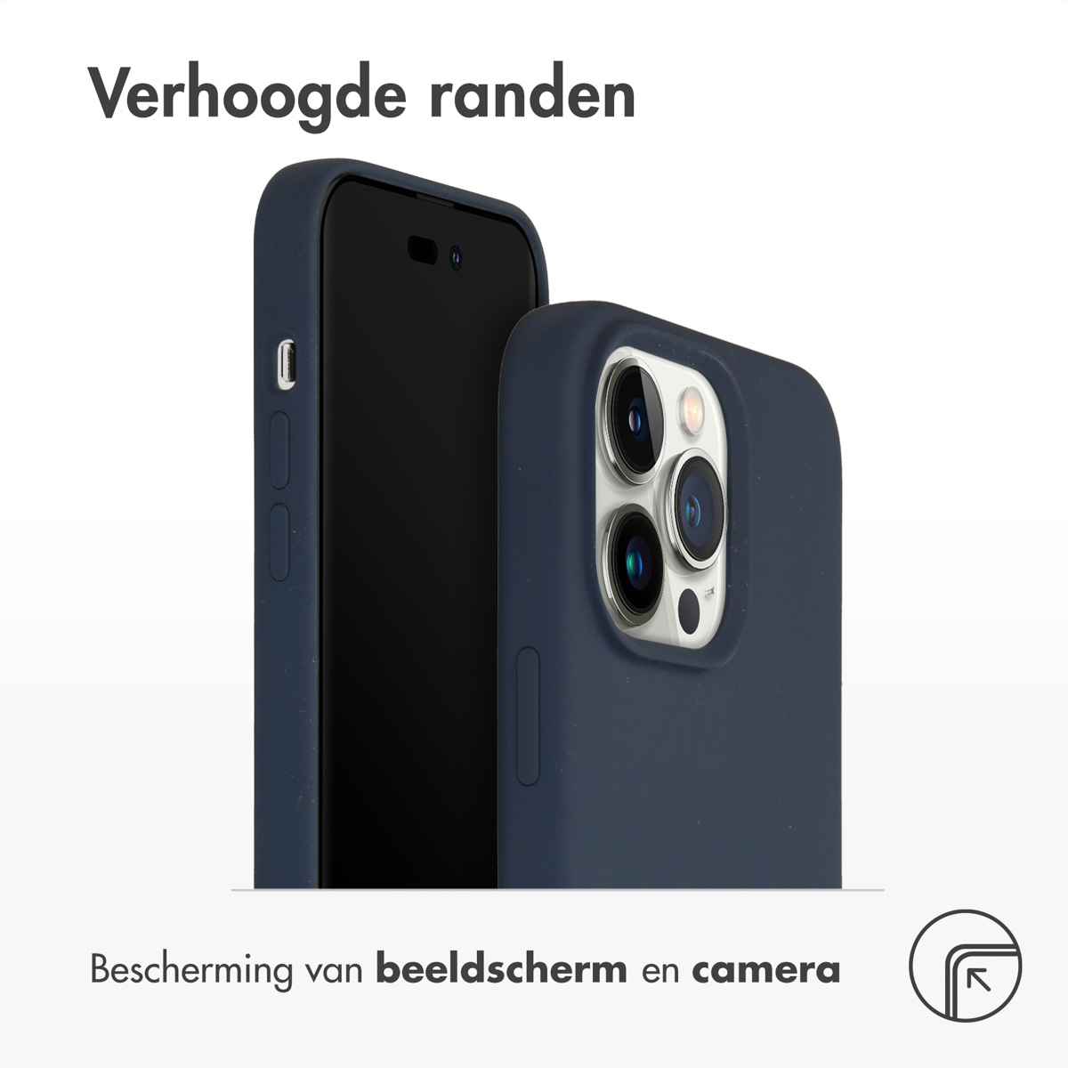 Marineblauwe telefoonhoes met telefoon. De hoes beschermt scherm en camera.