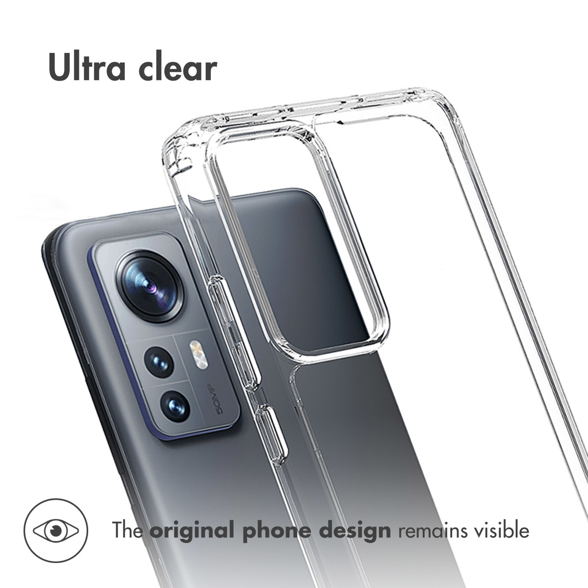 Telefoon met doorzichtige hoes, het originele ontwerp zichtbaar. De hoes is transparant.