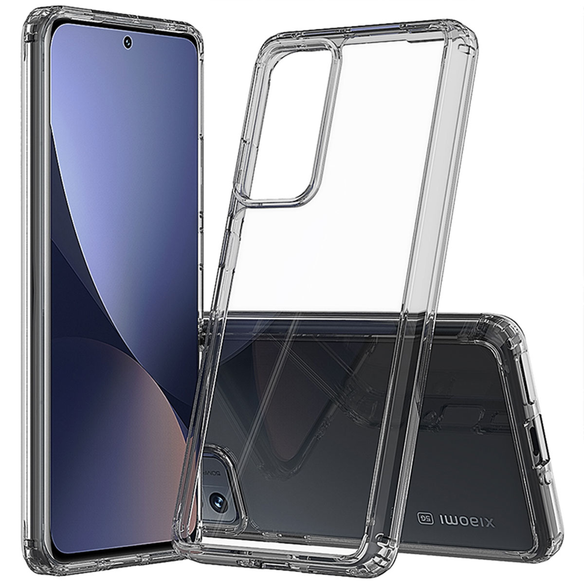 Transparante telefoonhoes en een telefoon. De telefoon heeft een scherm.
