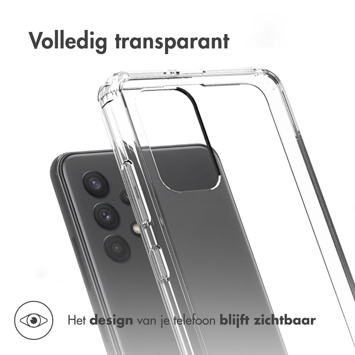 Telefoon met doorzichtige hoes. Het ontwerp van de telefoon is zichtbaar. De hoes is transparant.