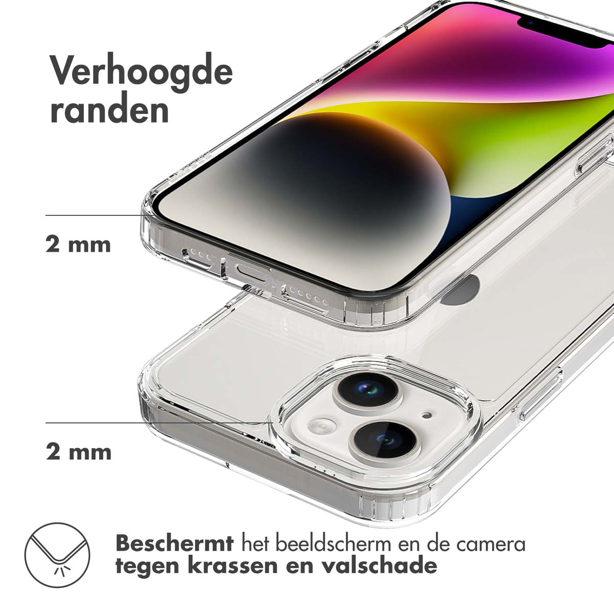 Close-up of a clear phone case, phone inside. Text indicates the case protects the screen and camera.