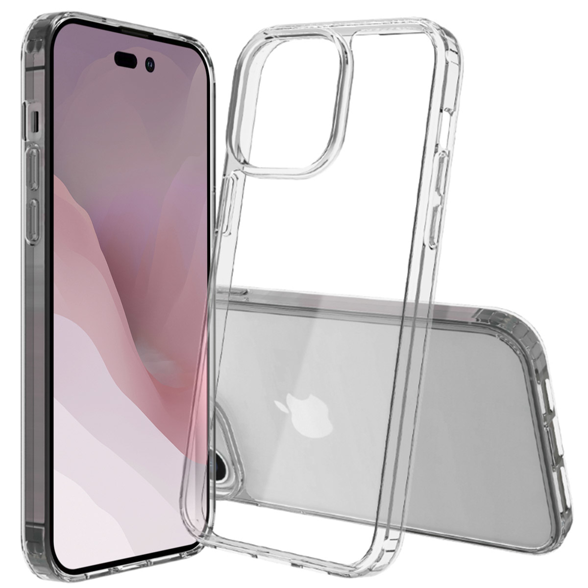 Coque de téléphone transparente et téléphone. La coque est sur et à côté du téléphone. Fond blanc.