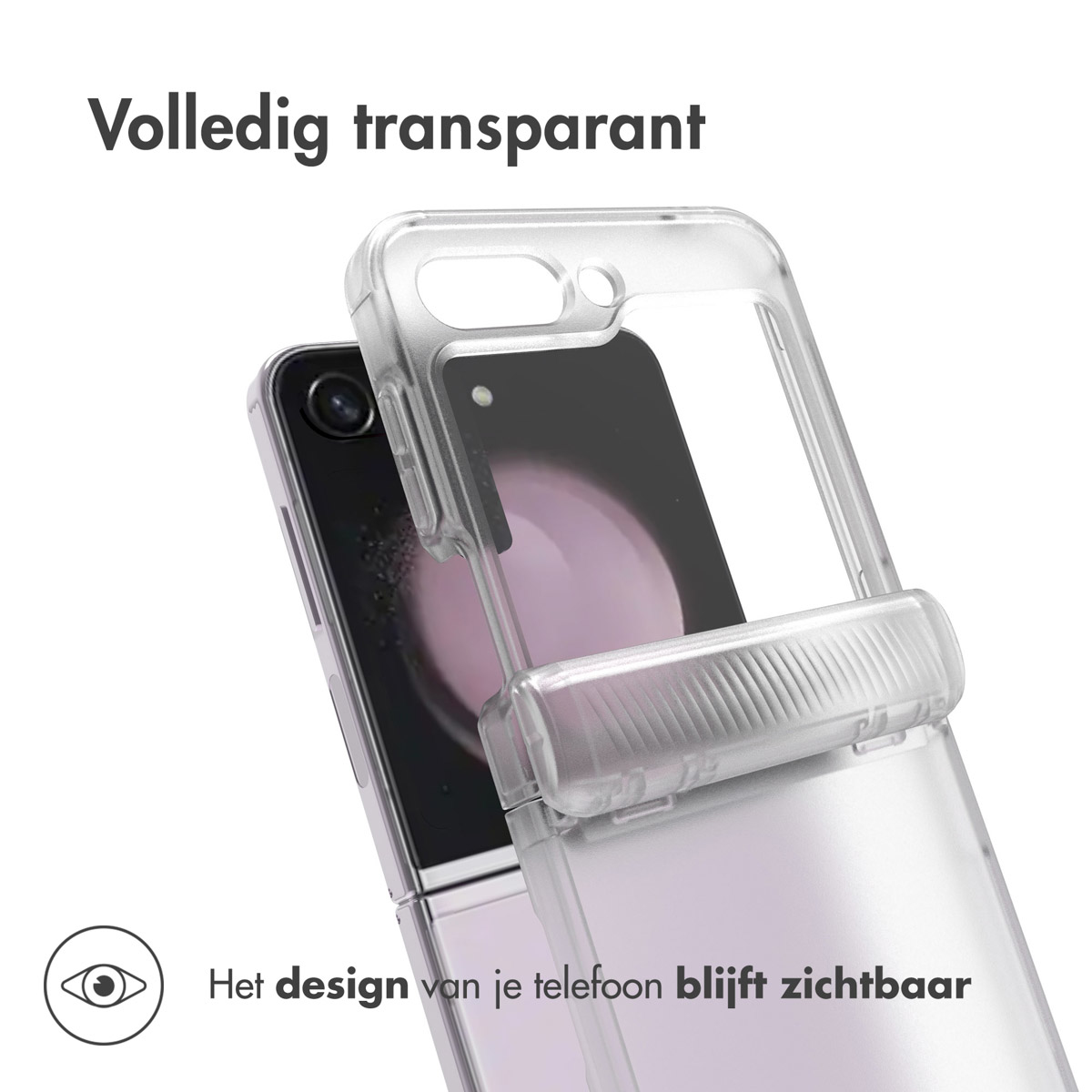 Een telefoon in een doorzichtige hoes die opgevouwen is. Tekst: Volledig transparant, telefoondesign zichtbaar.