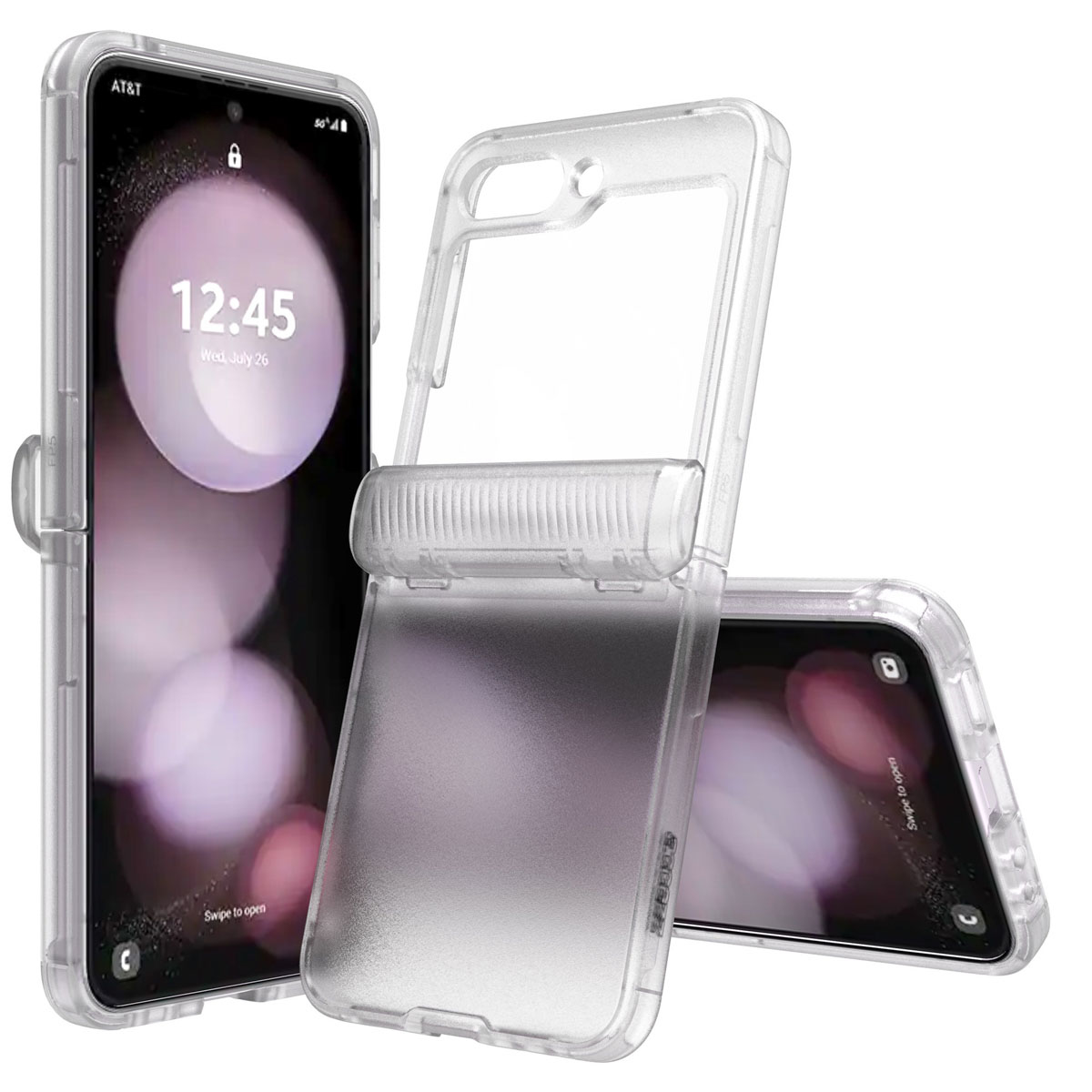Transparante telefoonhoes op een telefoon, open. De telefoon zit in de hoes. De achtergrond is wit. Woensdag 26 juli wordt weergegeven.