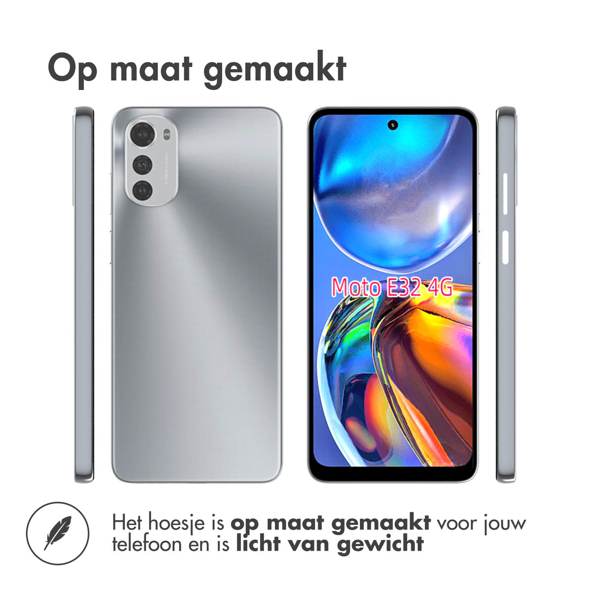 Smartphone argenté avec trois caméras. L'écran affiche 'Moto E32 4G'.