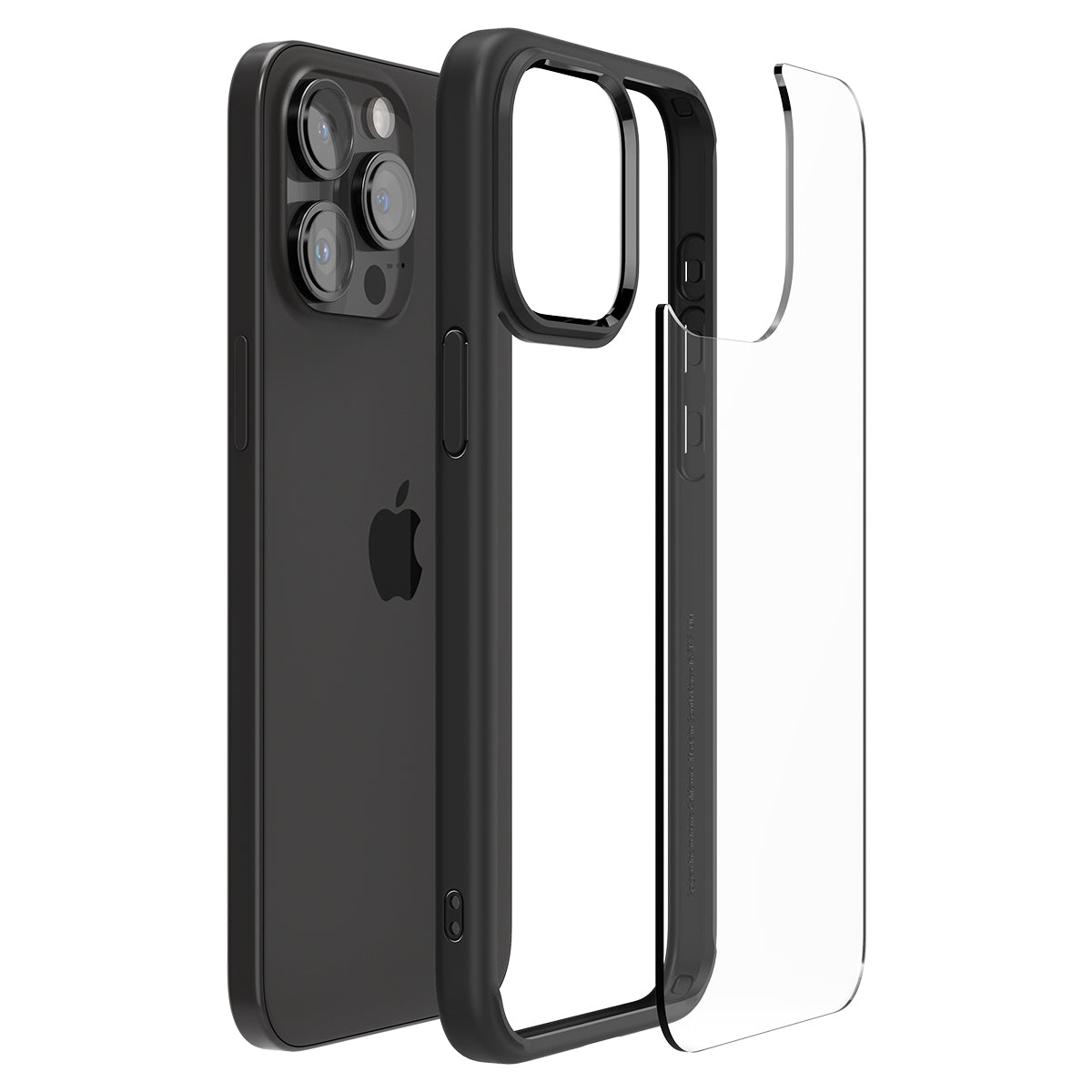 Coque noire démontée, téléphone à l'intérieur. Couvercle avant transparent, cadre noir. Logo Apple visible.