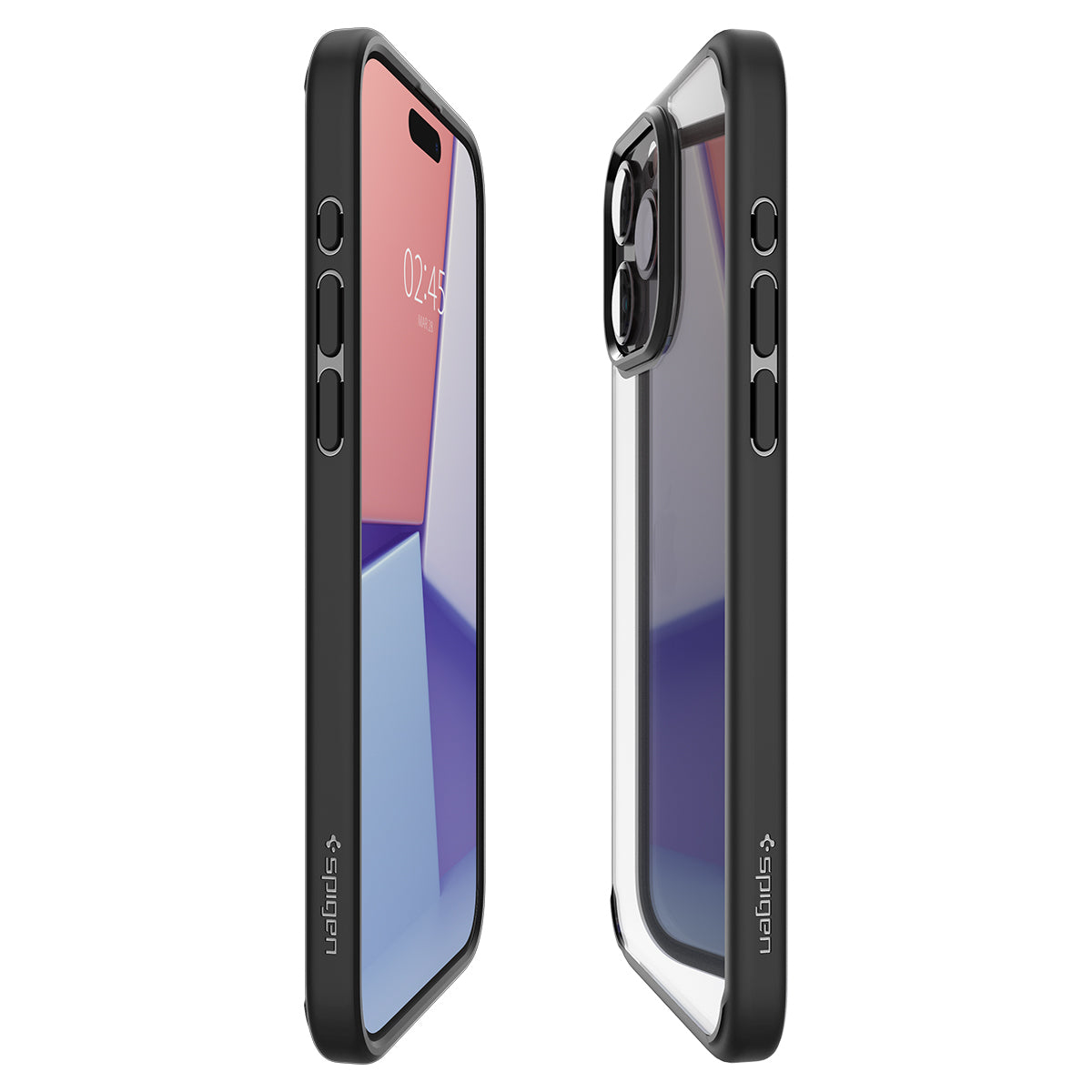 Deux téléphones dans des étuis transparents et noirs, vue latérale.