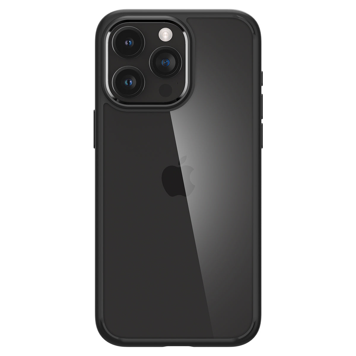 Une coque de téléphone noire recouvre un téléphone. Le dos est transparent, montrant la caméra.